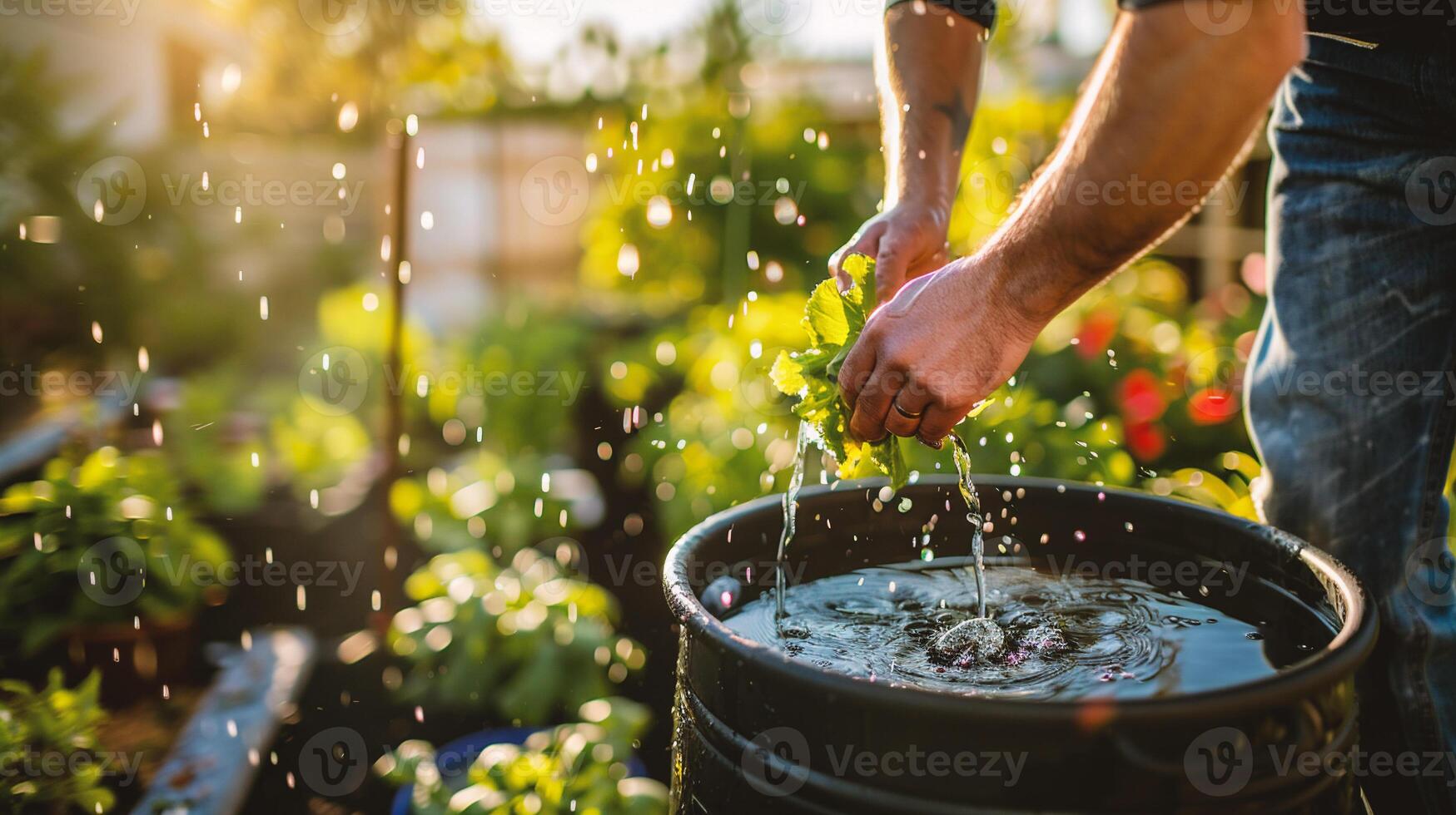 AI generated Hands of a man pouring water from a watering can in a garden photo