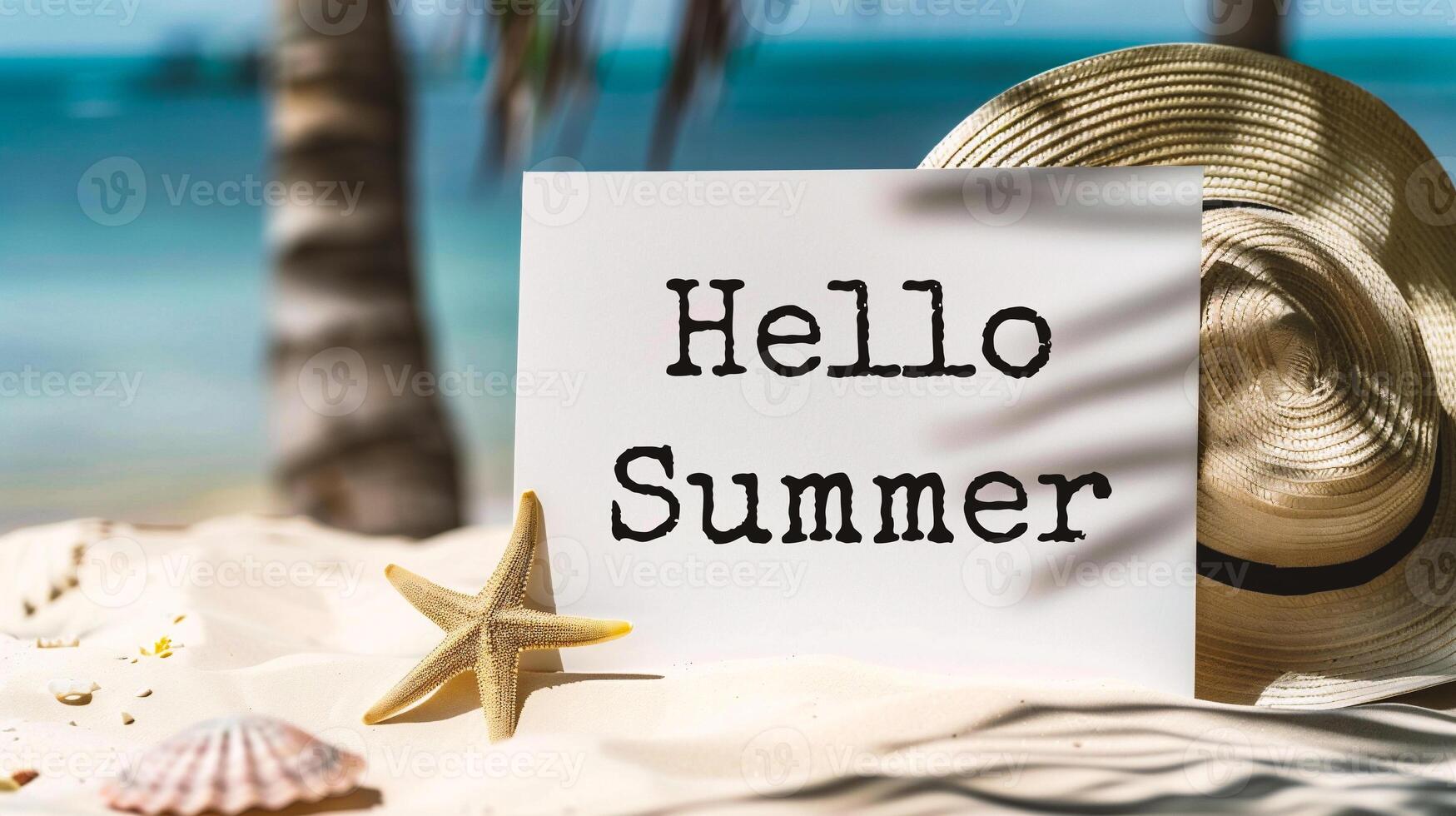 AI generated Hello Summer message on white paper with starfish, beach and palm tree photo