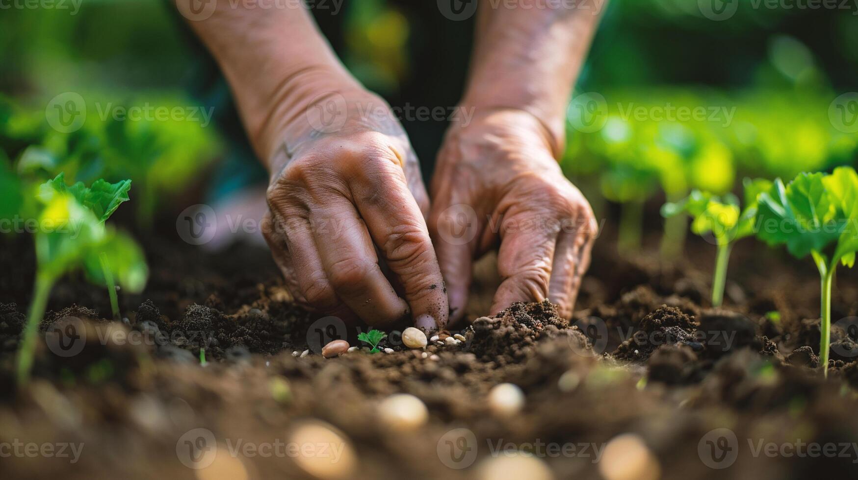 AI generated Farmer planting soybean seedlings in the ground, agriculture concept photo