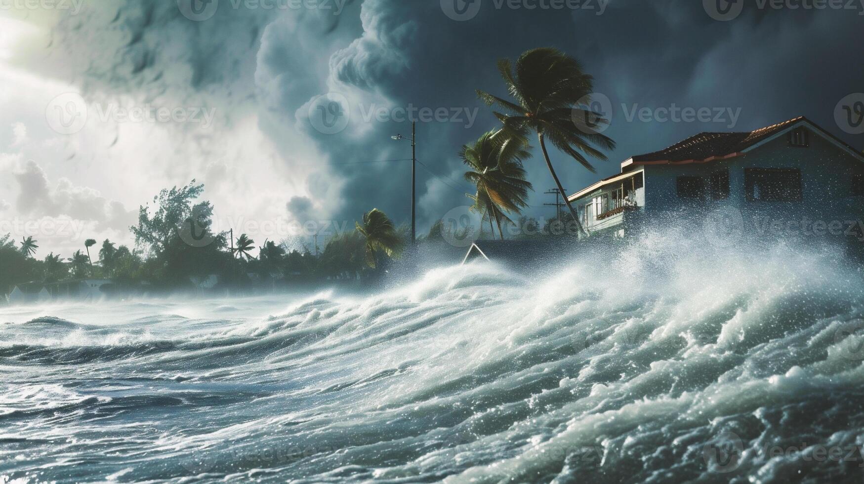AI generated Stormy ocean waves with palm trees and houses on the shore photo