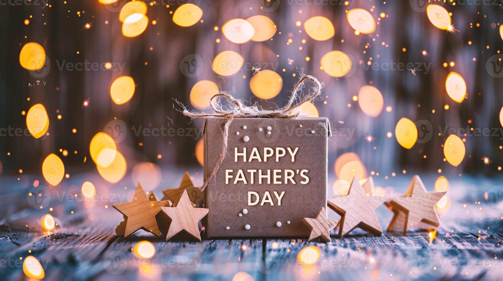 AI generated Happy Father's Day. Gift box and wooden stars on bokeh background photo