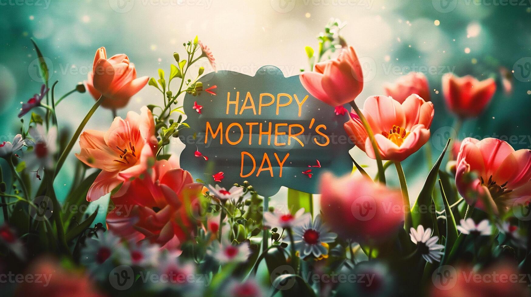 AI generated Happy Mother's Day greeting card with tulip flowers in the garden photo