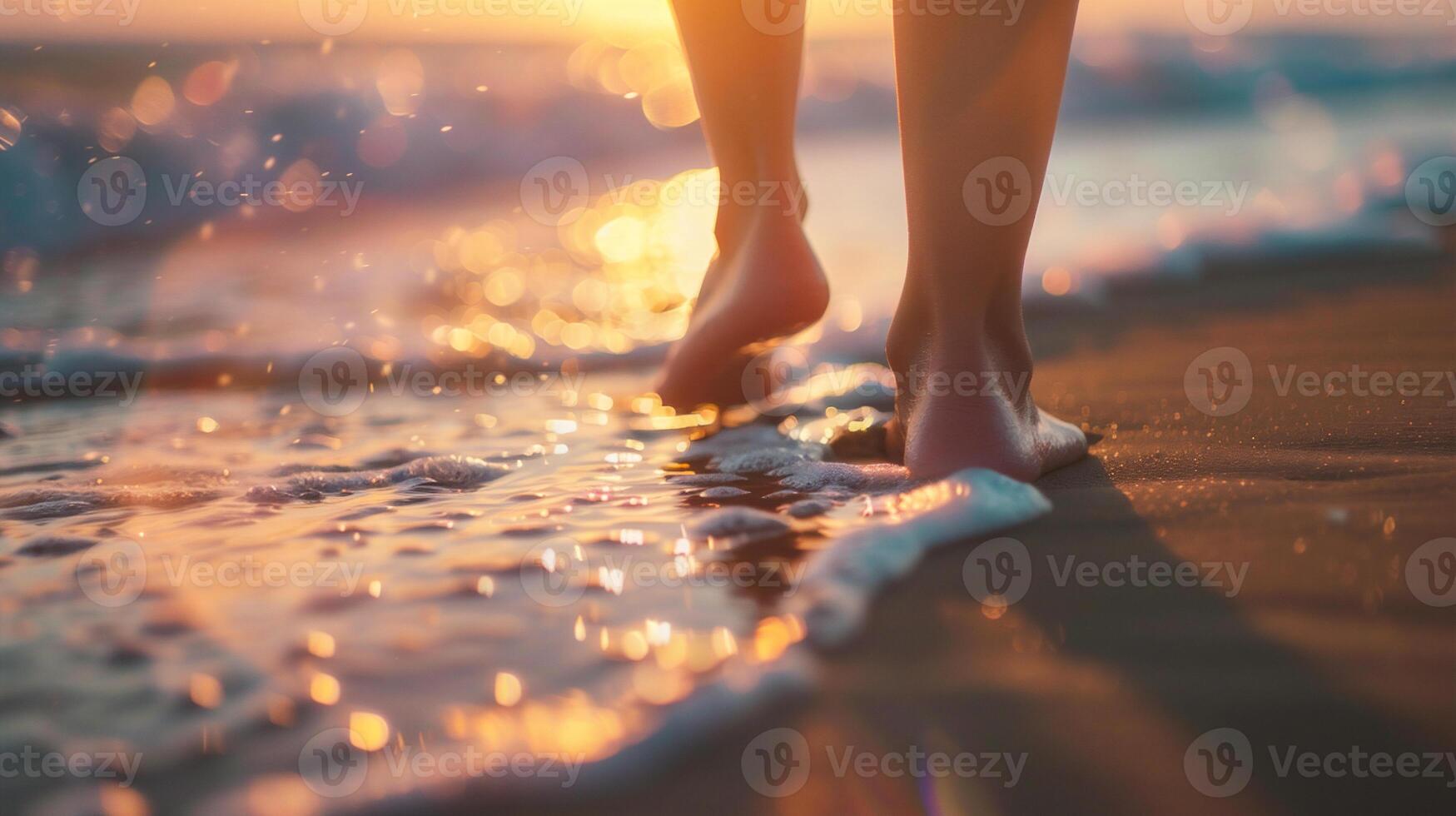 AI generated Close up of female legs walking on the beach at sunset time. photo