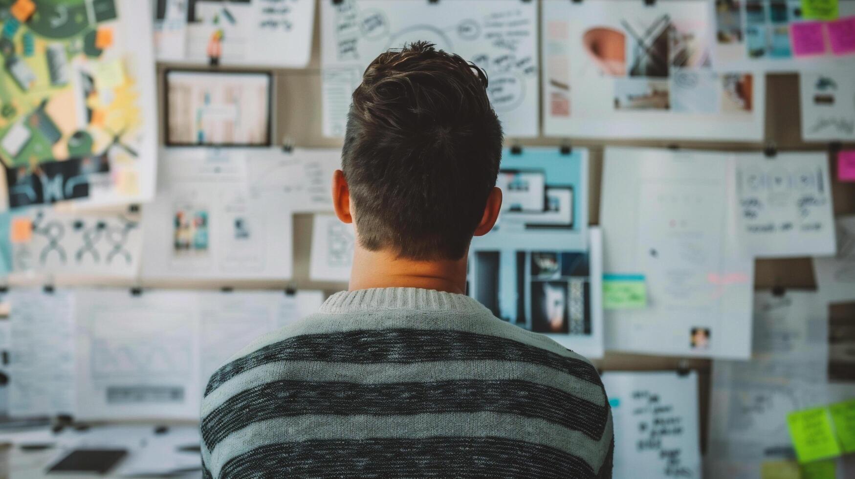 AI generated Rear view of young male designer standing in office and working on new project photo