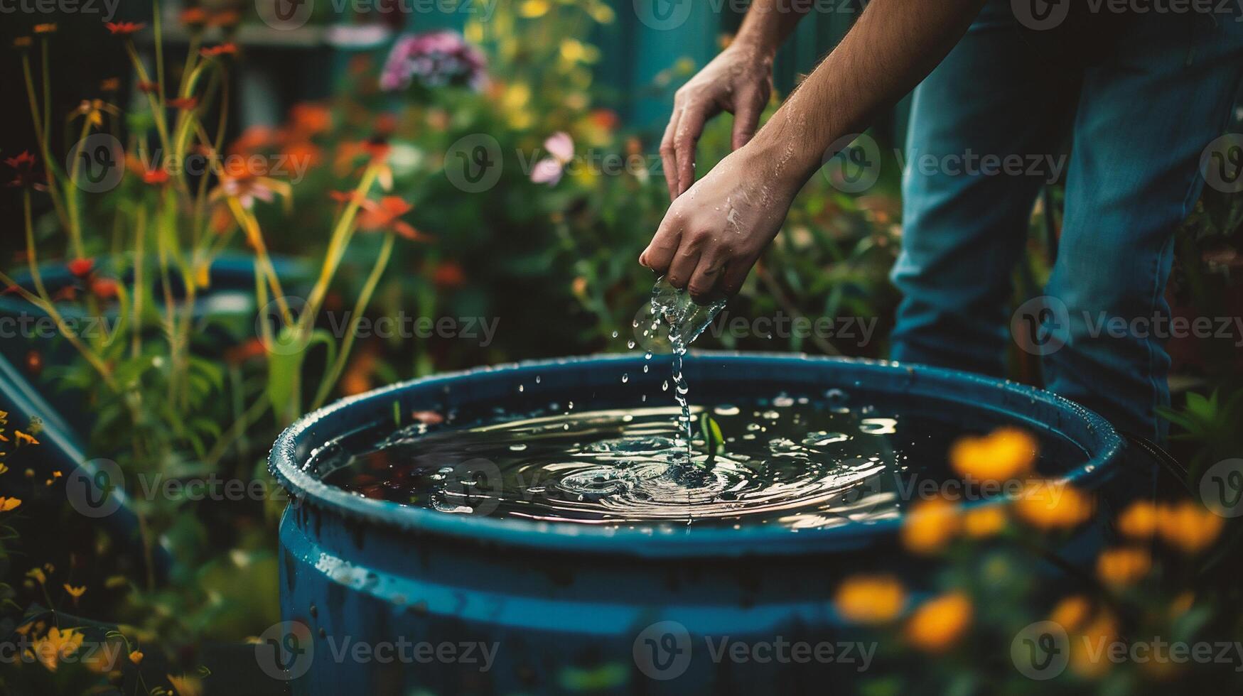 AI generated Hands of a man pouring water from a watering can in a garden photo