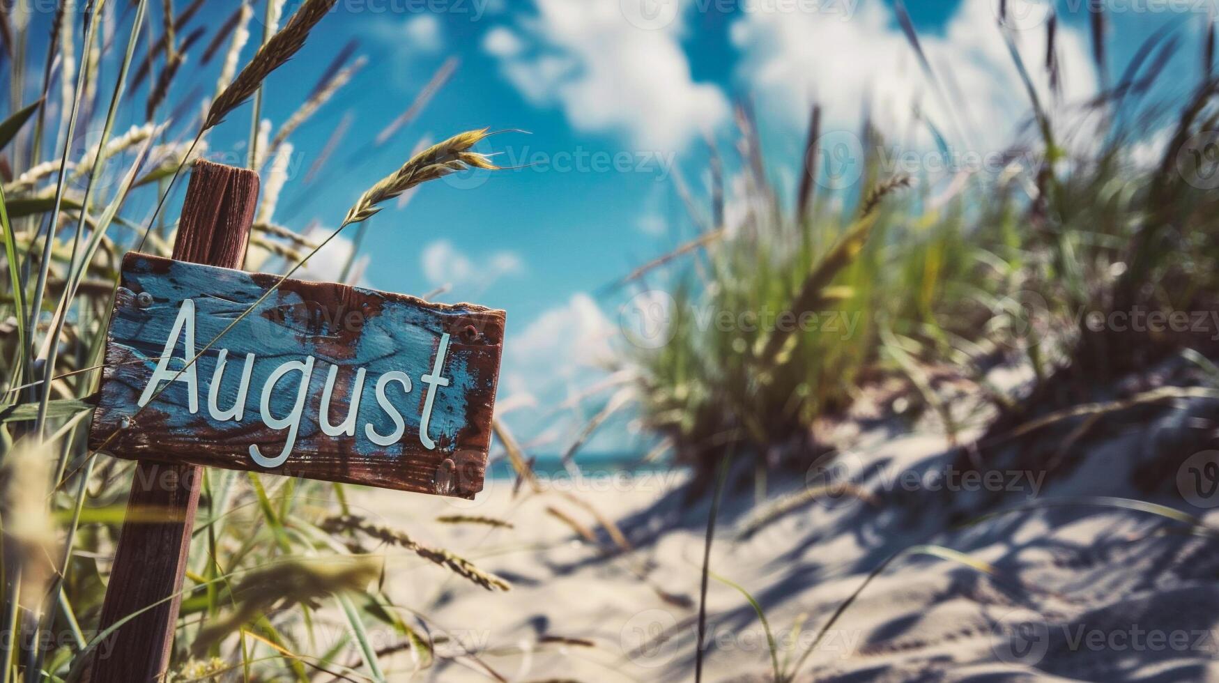 AI generated Wooden signboard with the text August on the beach photo