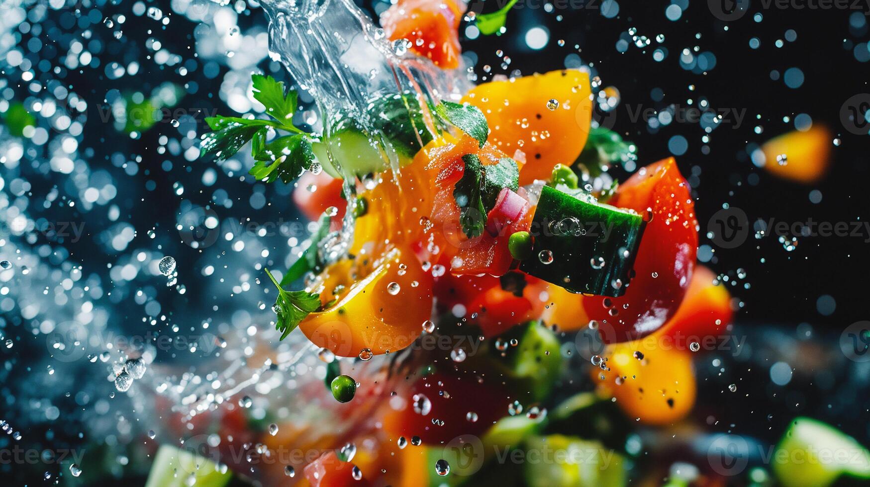 ai generado Fresco vegetal ensalada con agua chapoteo en oscuro antecedentes. sano comida concepto foto