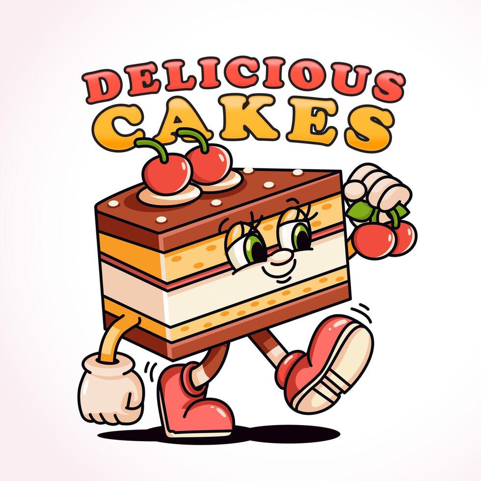 un pedazo de pastel camina mientras que lleva un cereza, un retro mascota. Perfecto para logotipos, mascotas, camisetas, pegatinas y carteles vector