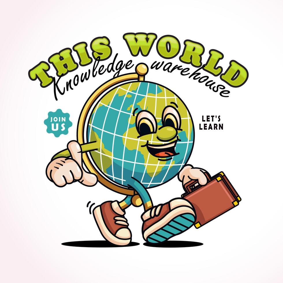 Globe walking carrying bag, retro mascot. Perfect for logos, mascots, t-shirts, stickers and posters vector