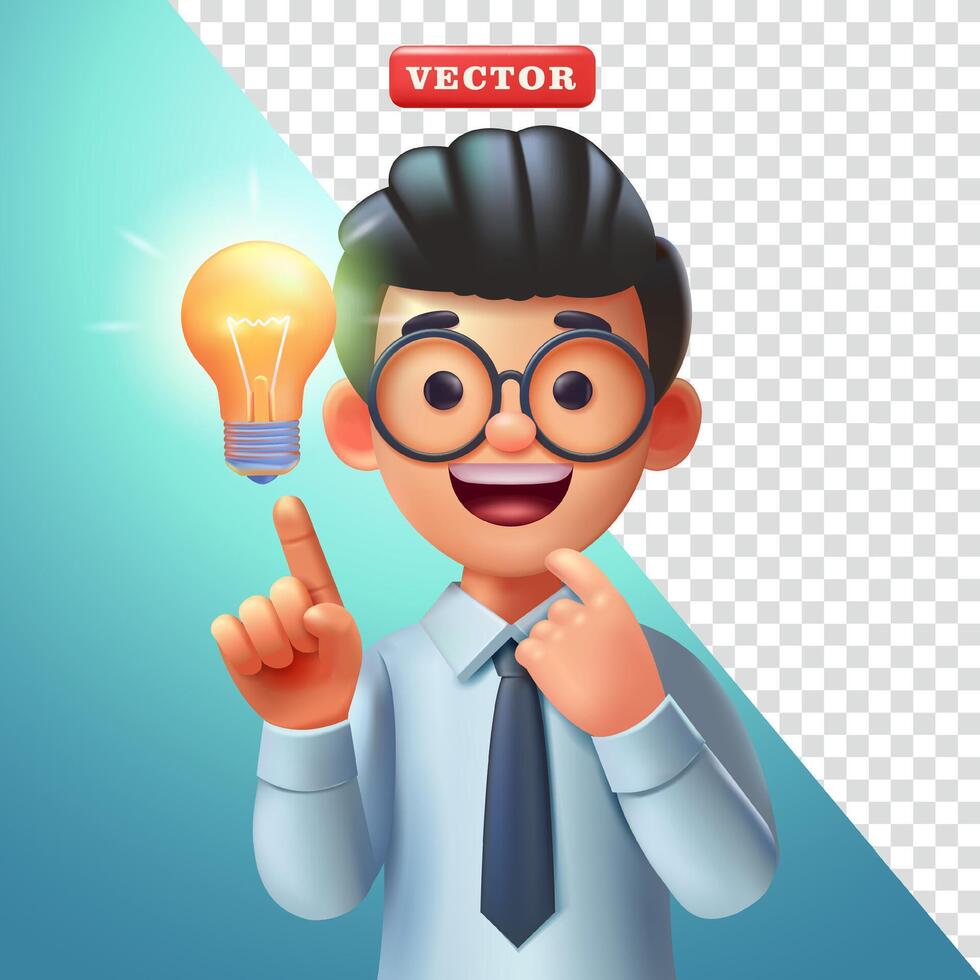 un hombre piensa y luego obtiene un idea, con el luces en. 3d vector, adecuado para negocio y educación vector