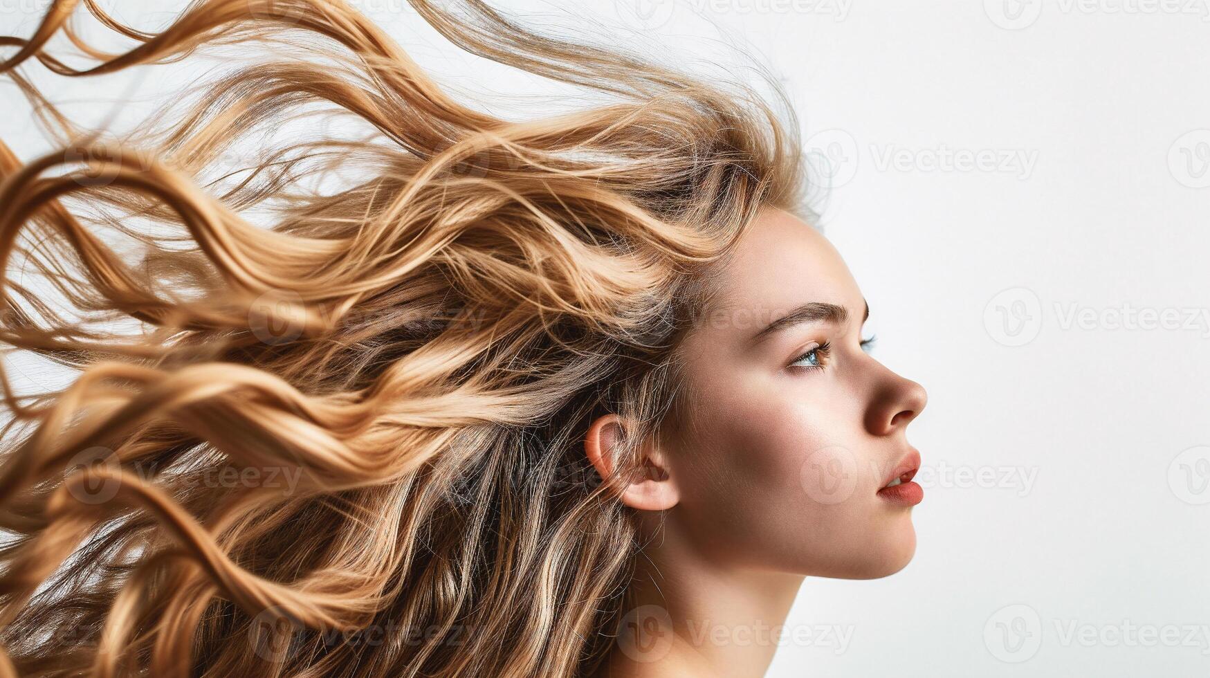 AI generated Beautiful young woman with long blond hair, studio shot on white background photo