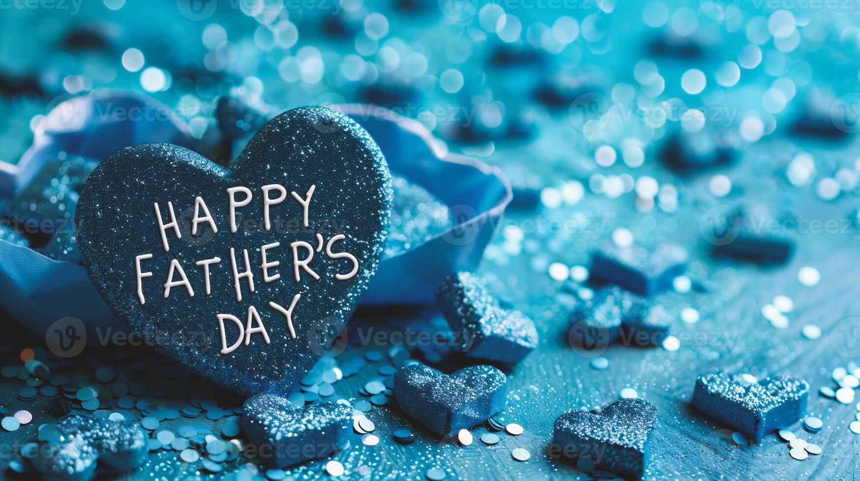 AI generated Happy Father's Day greeting card with blue heart and confetti on blue background photo