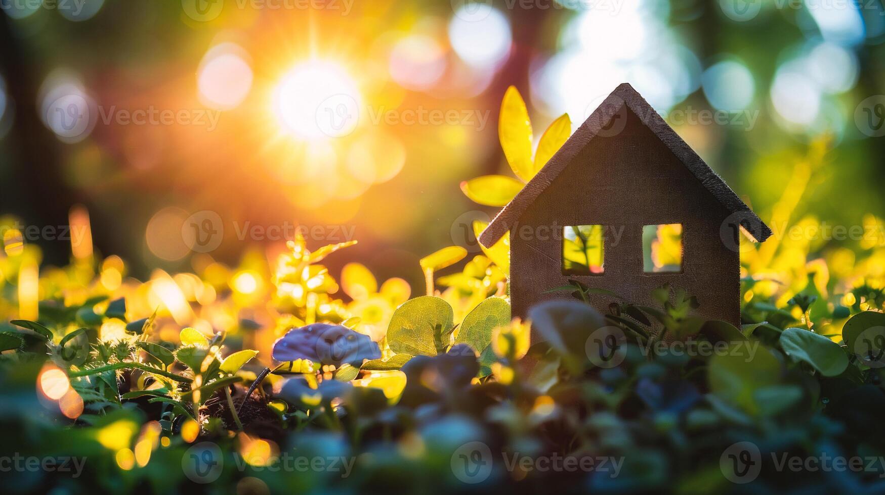 AI generated Miniature house model on green grass with sunset background. Real estate concept. photo