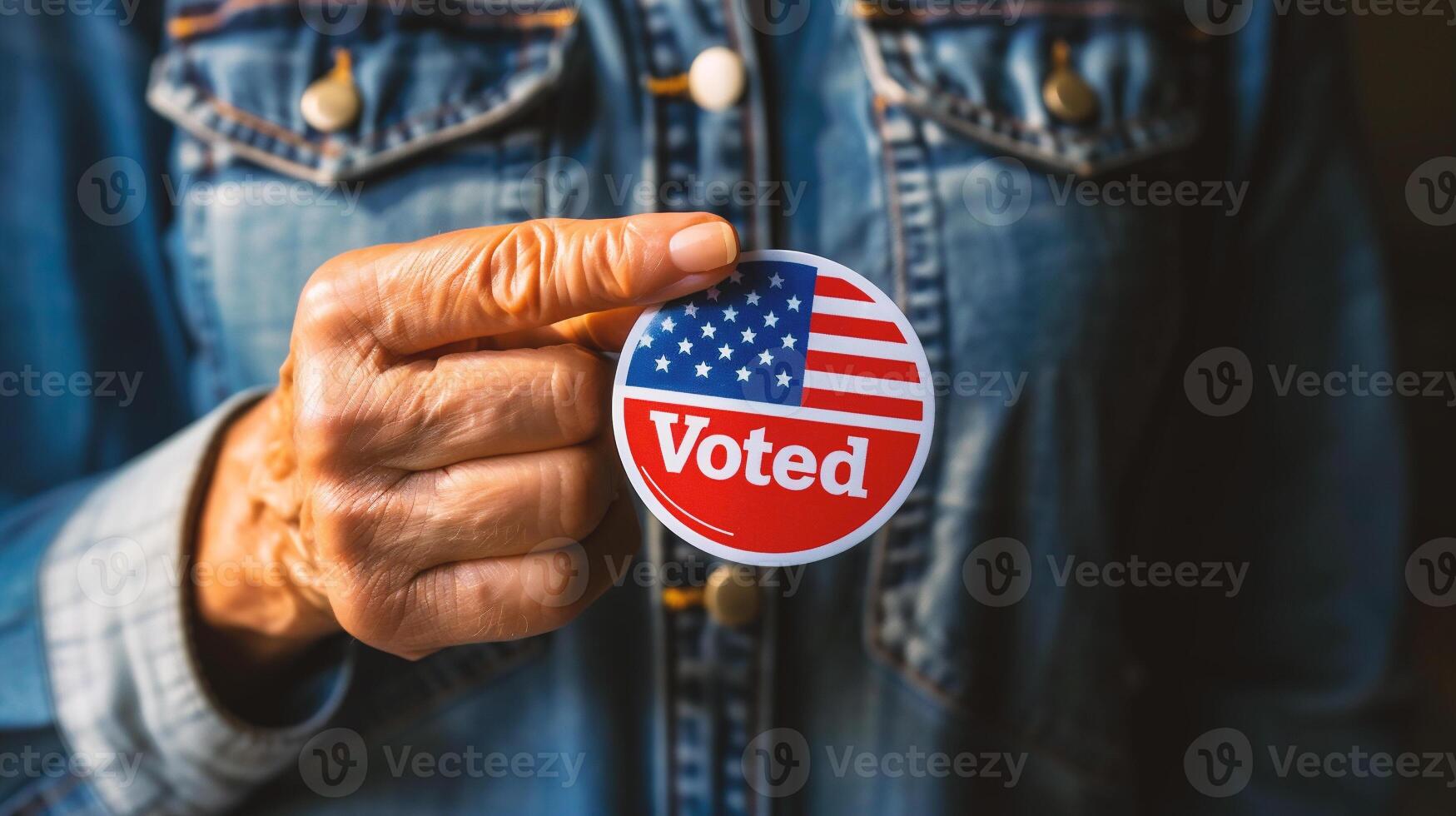 ai generado cerca arriba de mano participación un votación Insignia con americano bandera foto