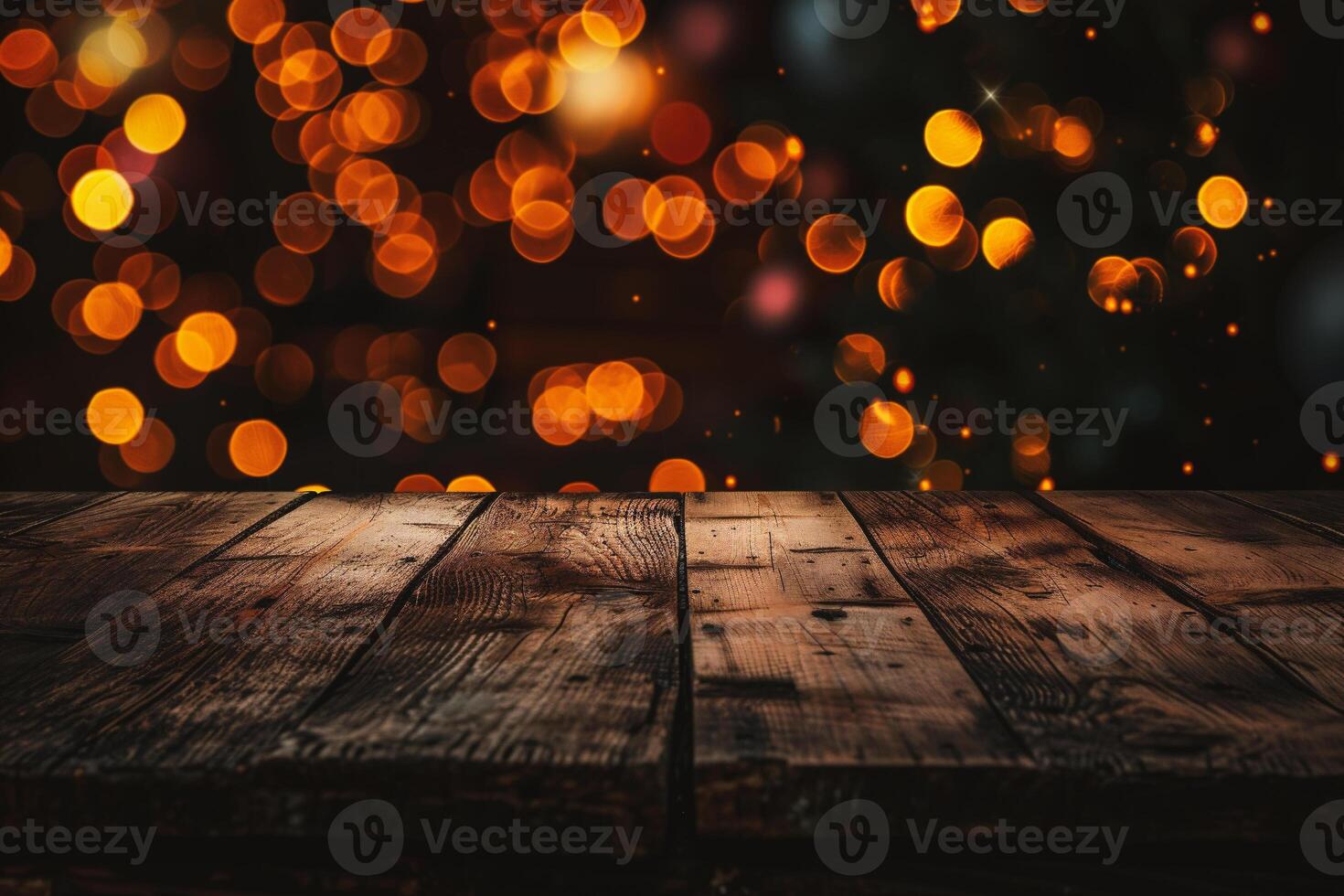 AI generated Wooden table in front of blurred background with bokeh effect photo