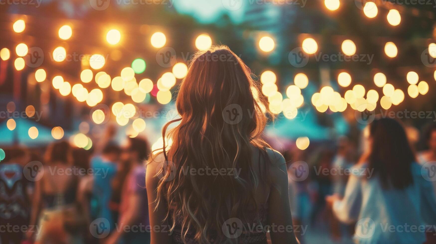 AI generated Back view of a young woman with long hair on the background of a concert photo