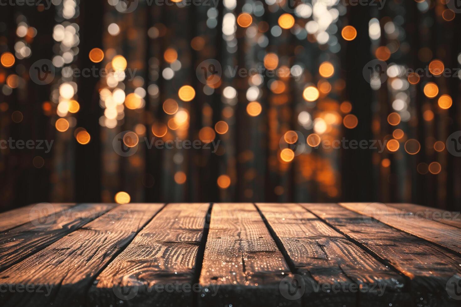 AI generated Wooden table in front of blurred background with bokeh effect photo