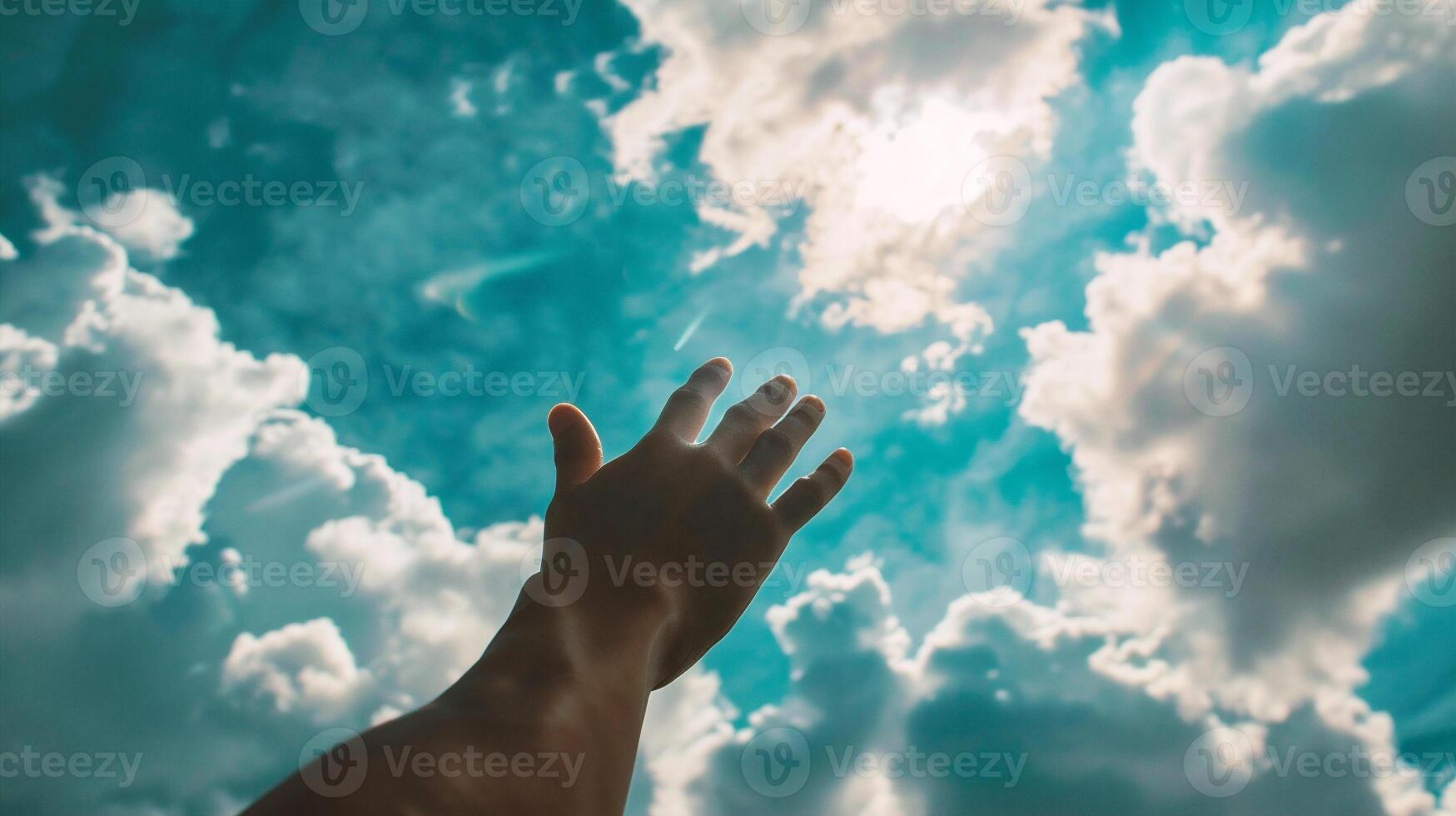 AI generated Man's hand reaching up on blue sky with white clouds background photo