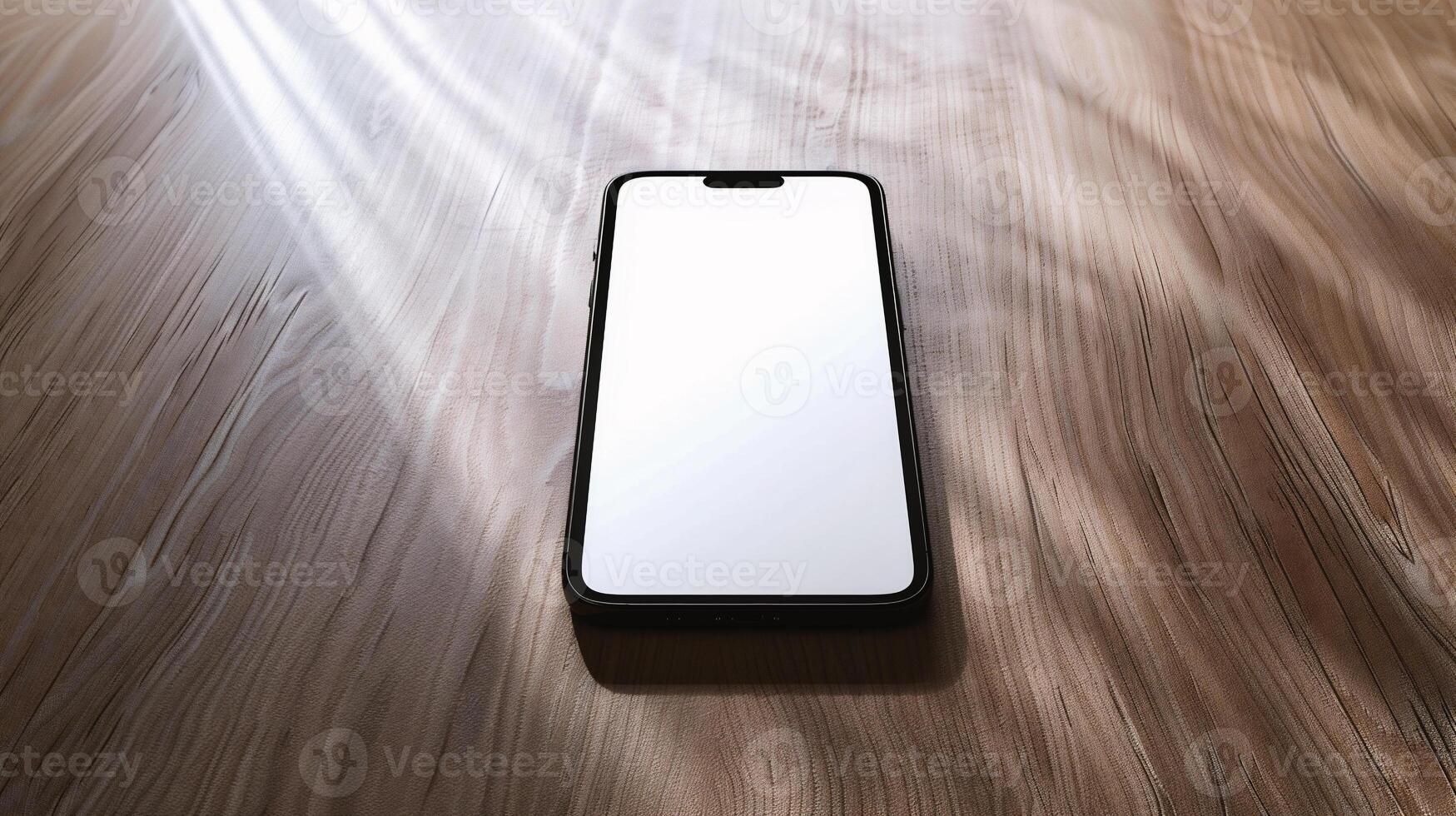 AI generated Mockup smartphone with blank screen on wooden table photo