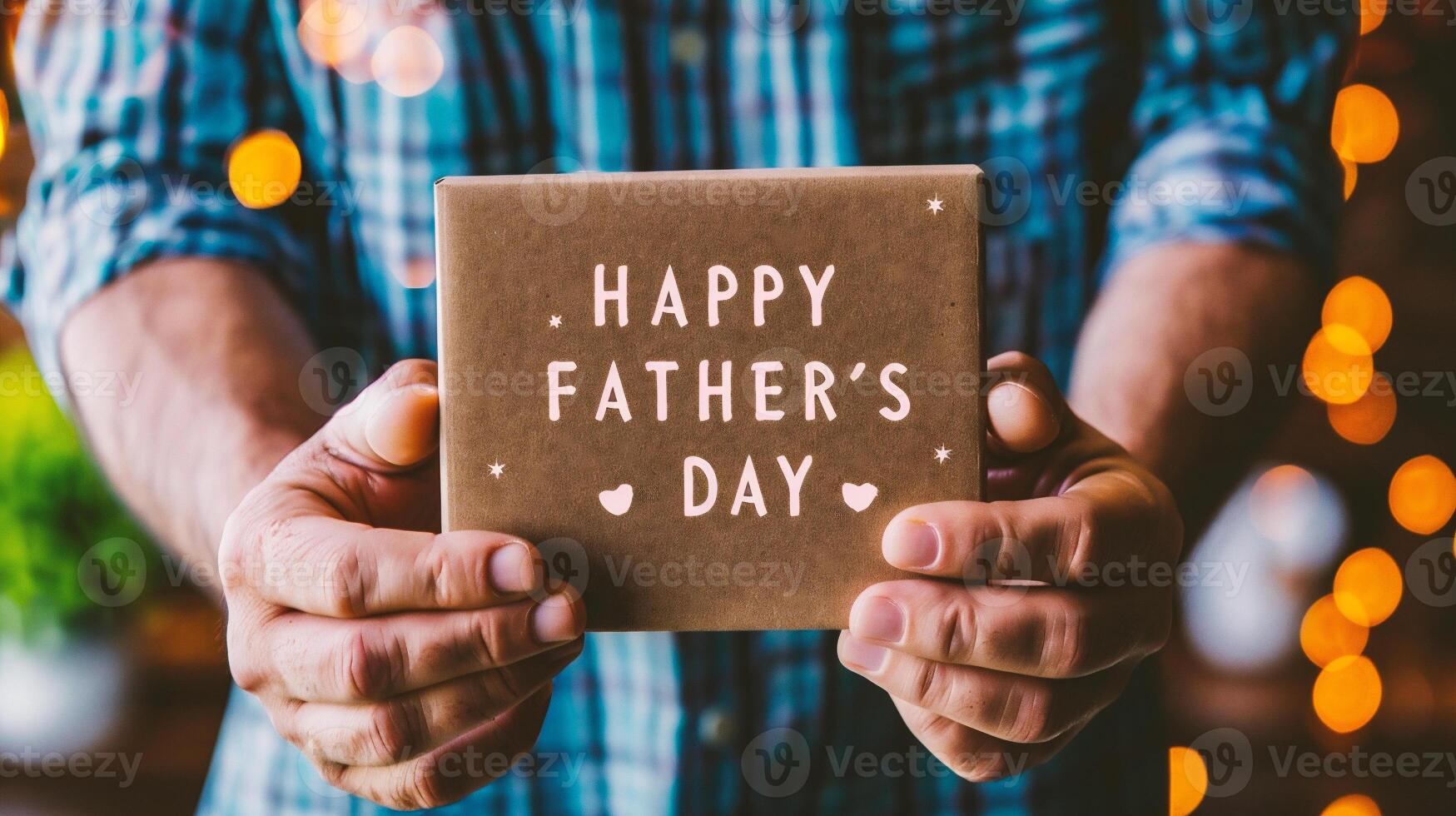 AI generated Man holding a card with the text Happy Father's Day in his hands. photo