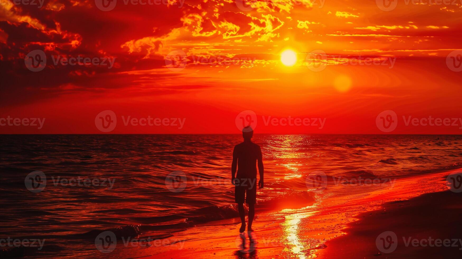 AI generated Silhouette of a man standing on the beach at sunset. photo