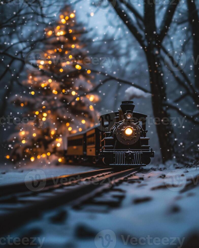 AI generated Vintage steam locomotive in the winter forest with Christmas tree photo
