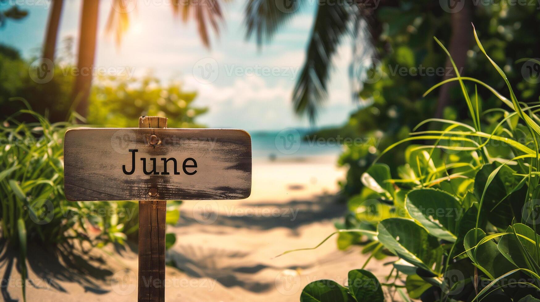 AI generated Wooden sign with the word june on the sandy beach. photo