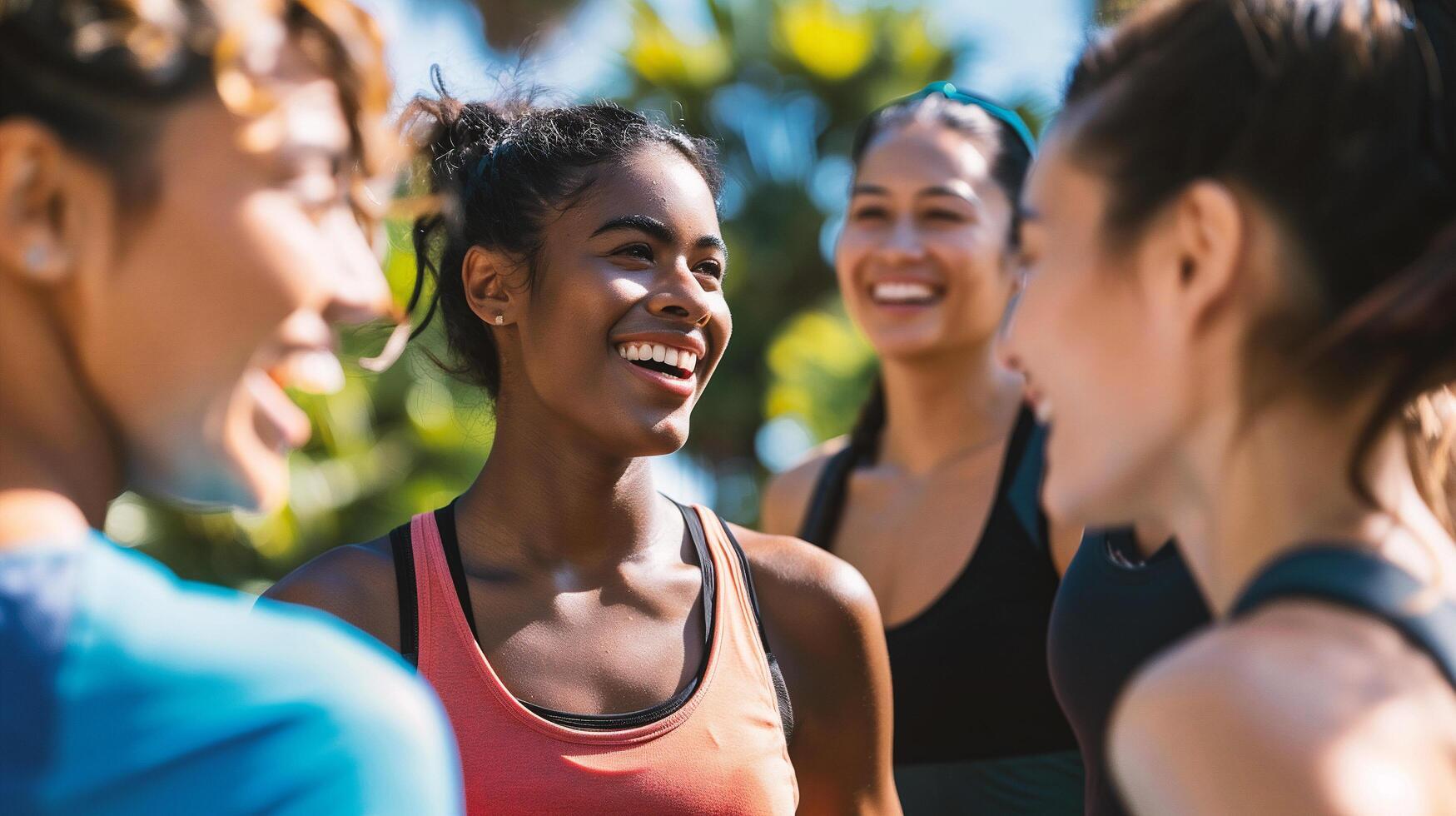 AI generated Group of friends exercising together in the park. They are smiling and looking at camera. photo