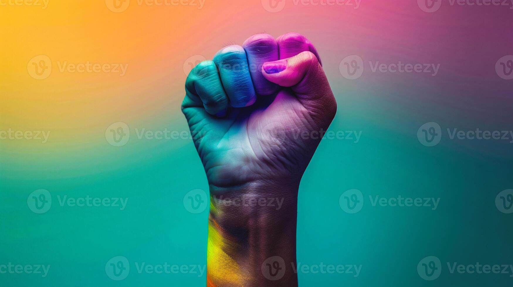 AI generated Female hand fist raised up in the air on a blue background. photo