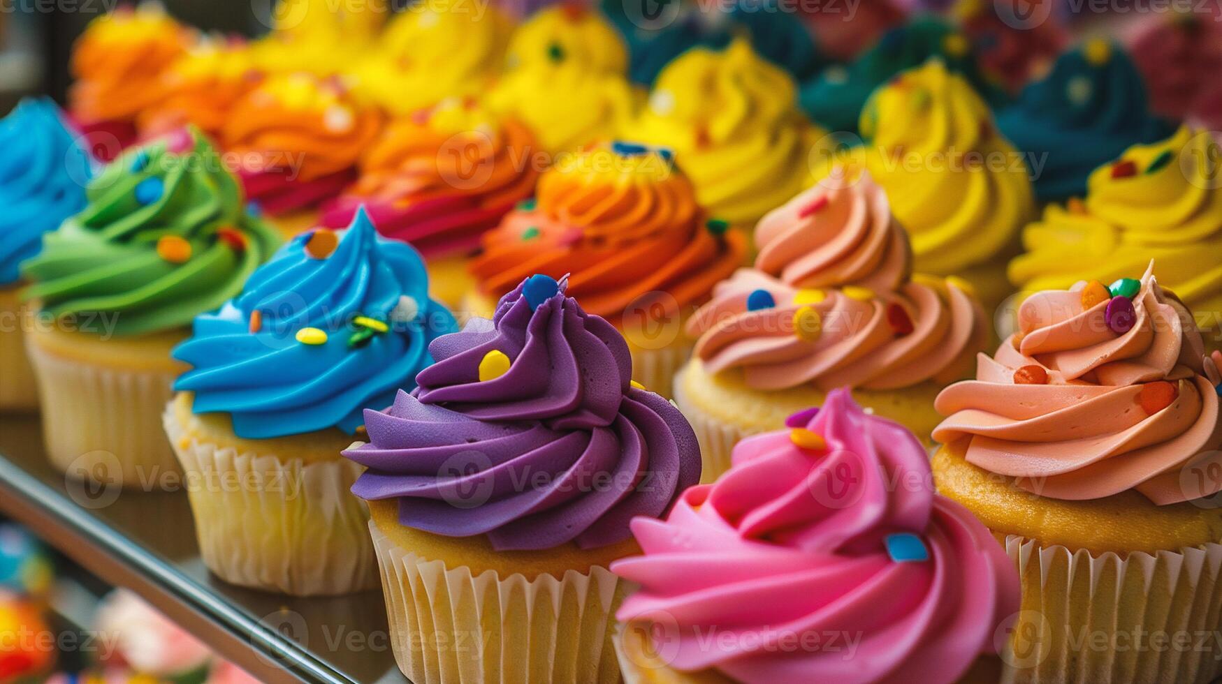 AI generated Colorful cupcakes with buttercream frosting on colorful background. photo