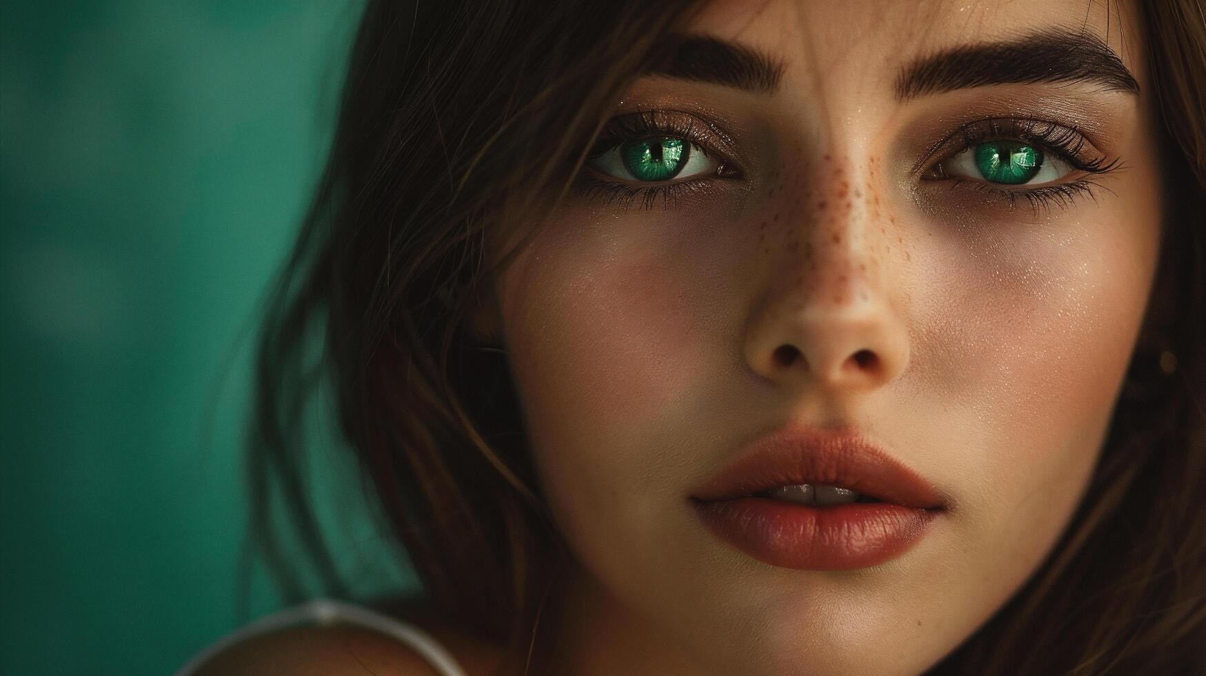 AI generated Close up portrait of a beautiful young brunette woman with green eyes photo