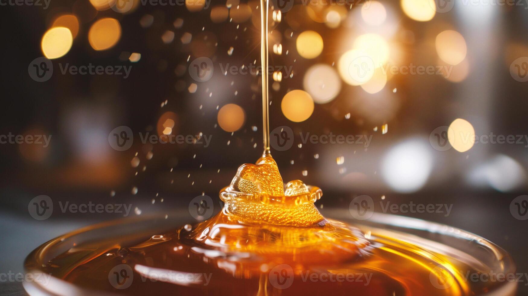 AI generated Honey dripping from dipper into bowl on blurred background, closeup photo