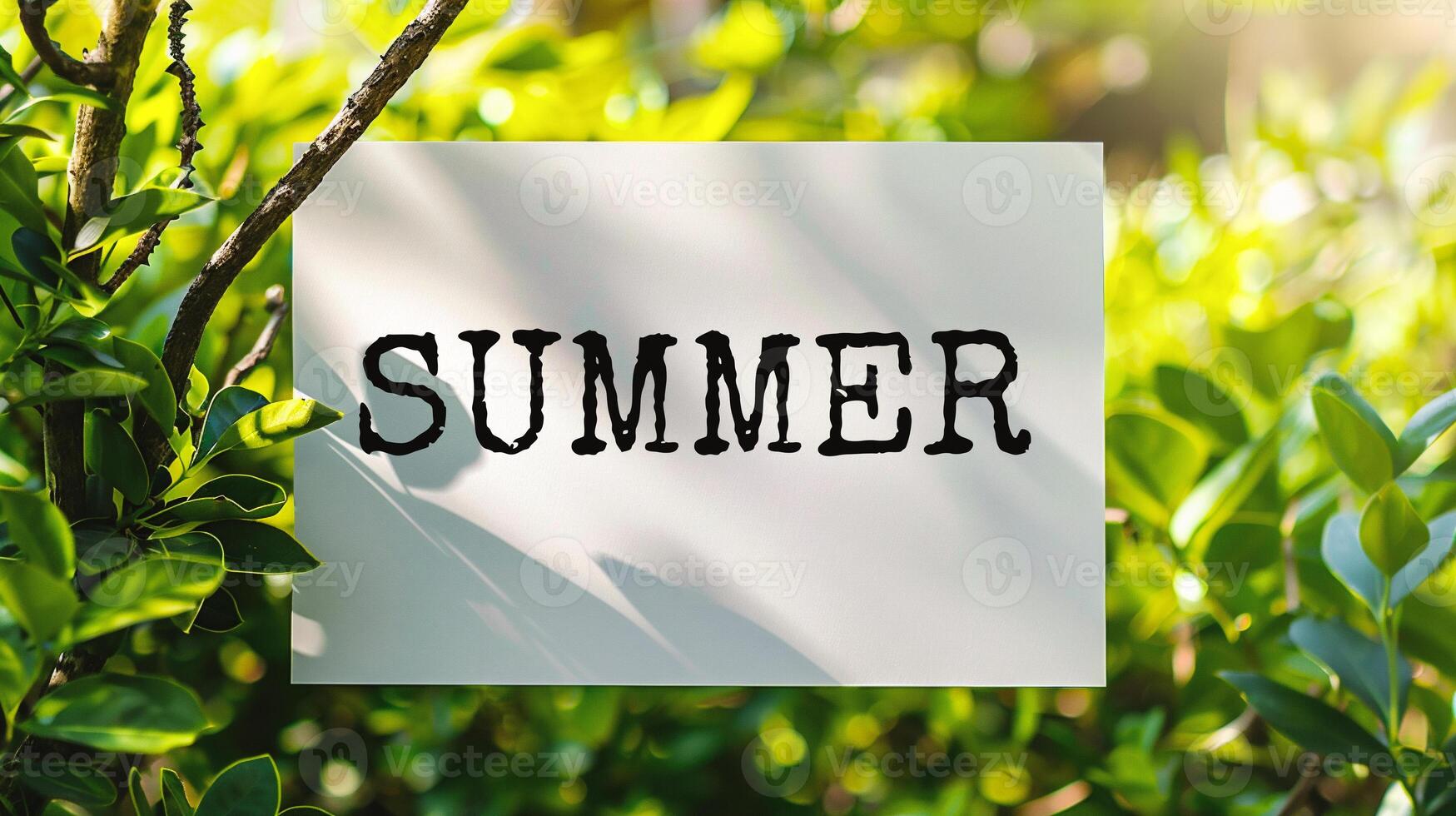 AI generated Hello Summer text on white paper with green leaves in the background photo