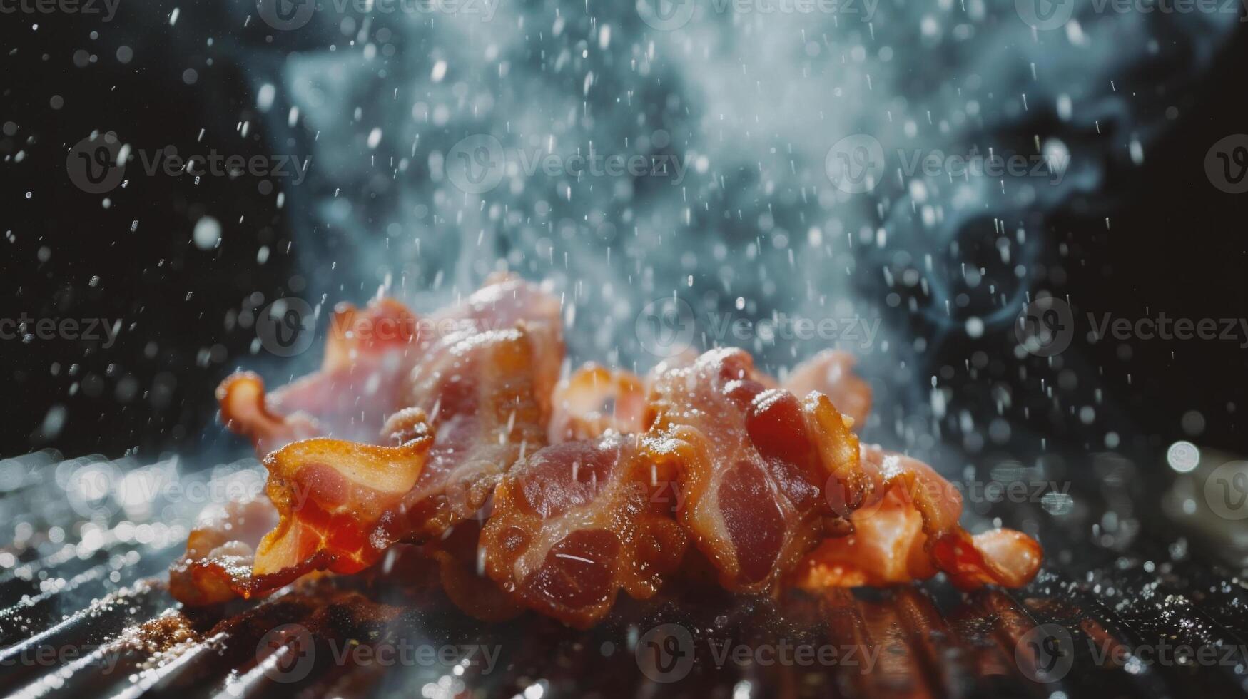 AI generated Close-up of bacon being grilled on a barbecue grill with smoke photo