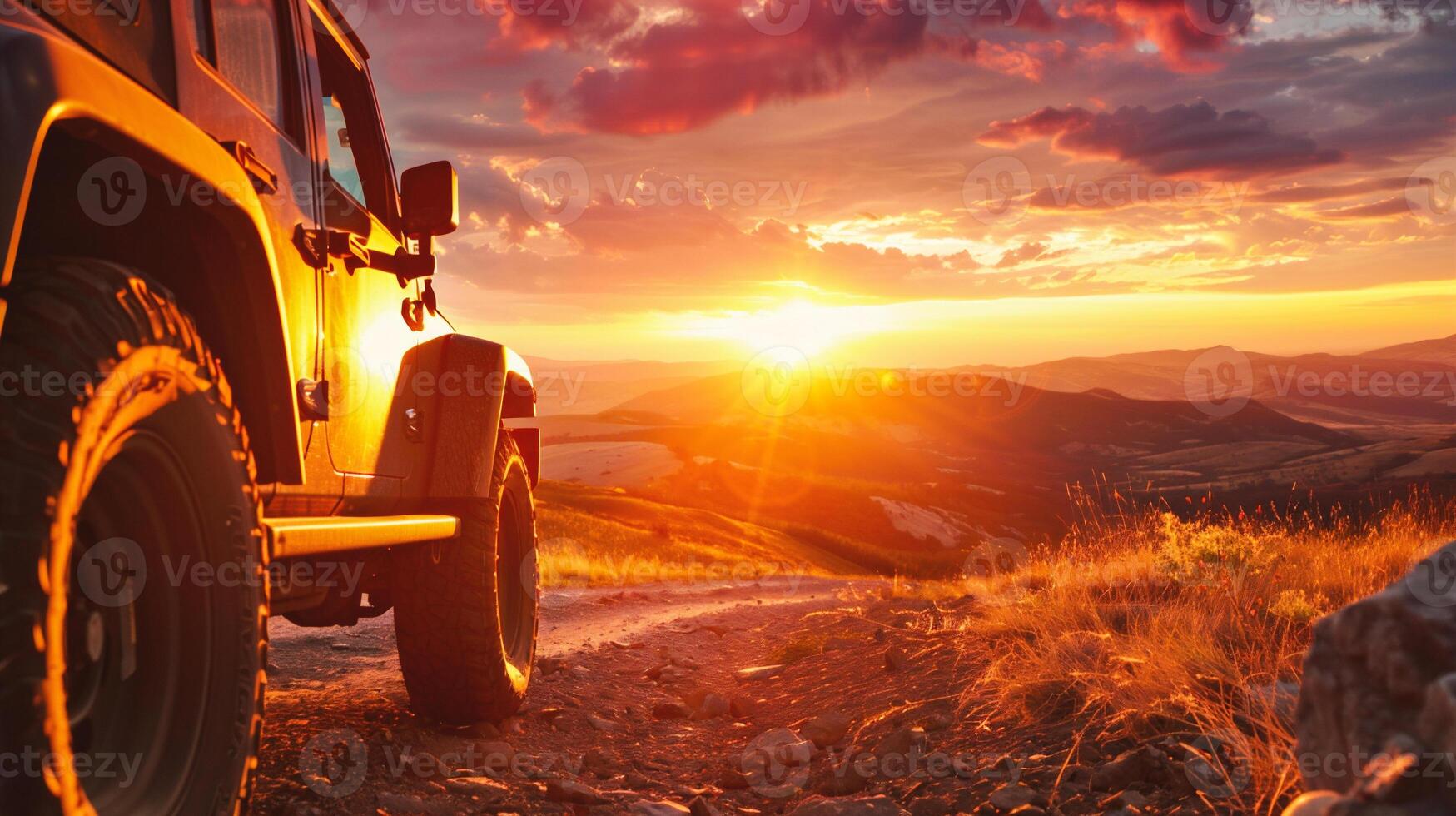 ai generado coche en el la carretera a puesta de sol foto