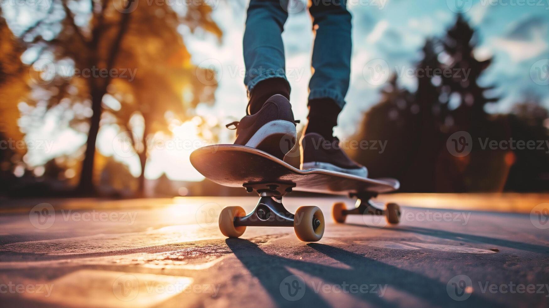 AI generated Skateboarder skateboarding on a skatepark at sunset photo