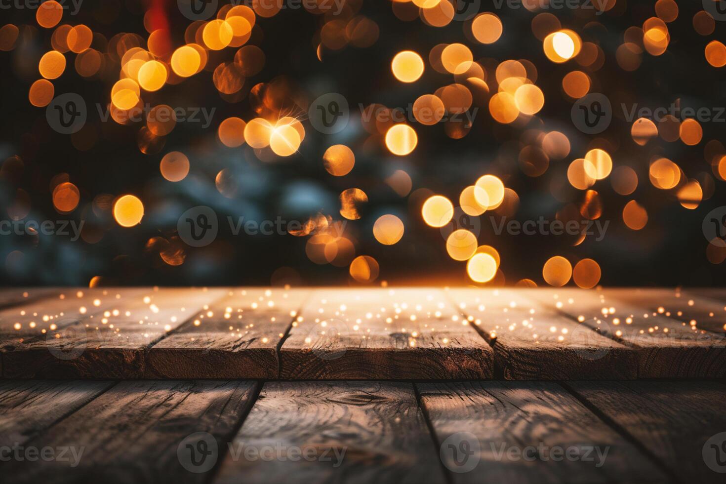 AI generated Wooden table in front of blurred background with bokeh effect photo