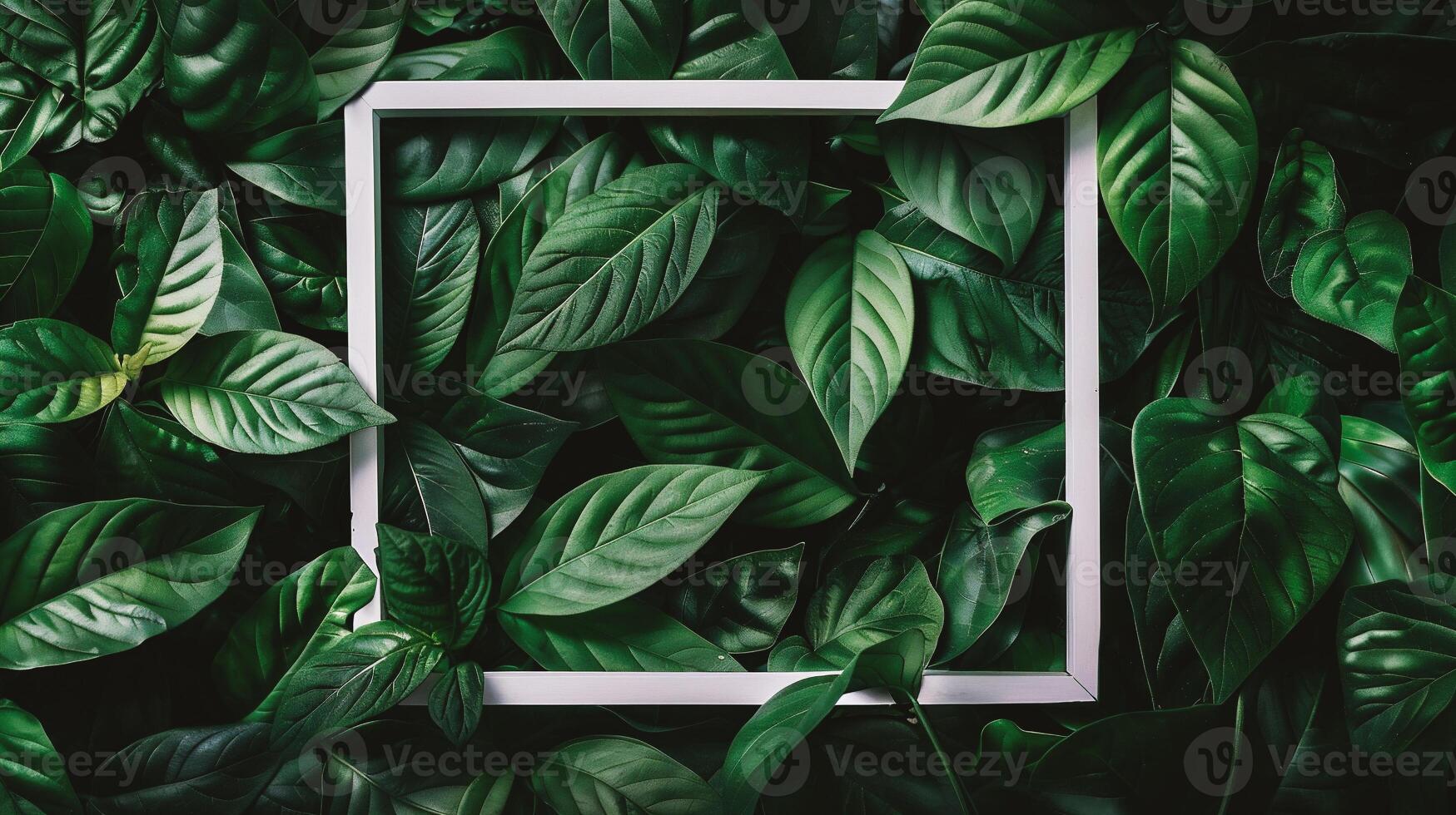 AI generated Green leaves background with white frame. Flat lay, top view, copy space photo