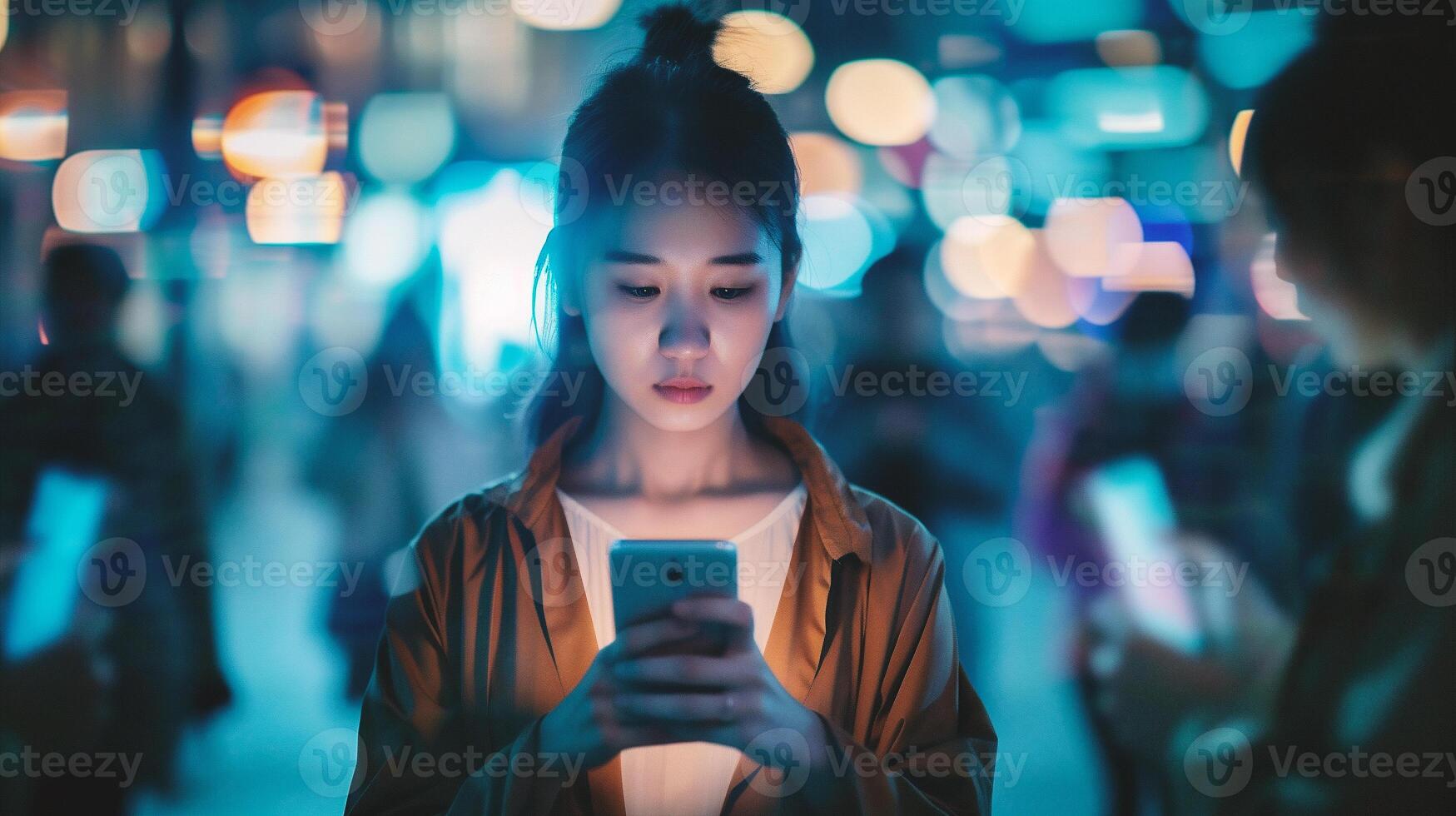 ai generado mujer utilizar de móvil teléfono en el ciudad a noche, estilo de vida concepto foto