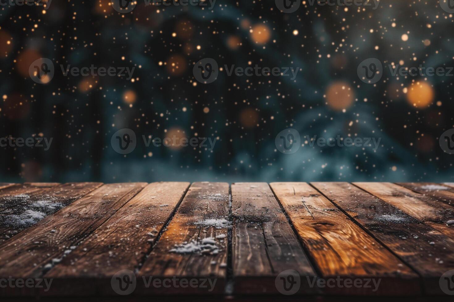 AI generated Wooden table in front of blurred background with bokeh effect photo