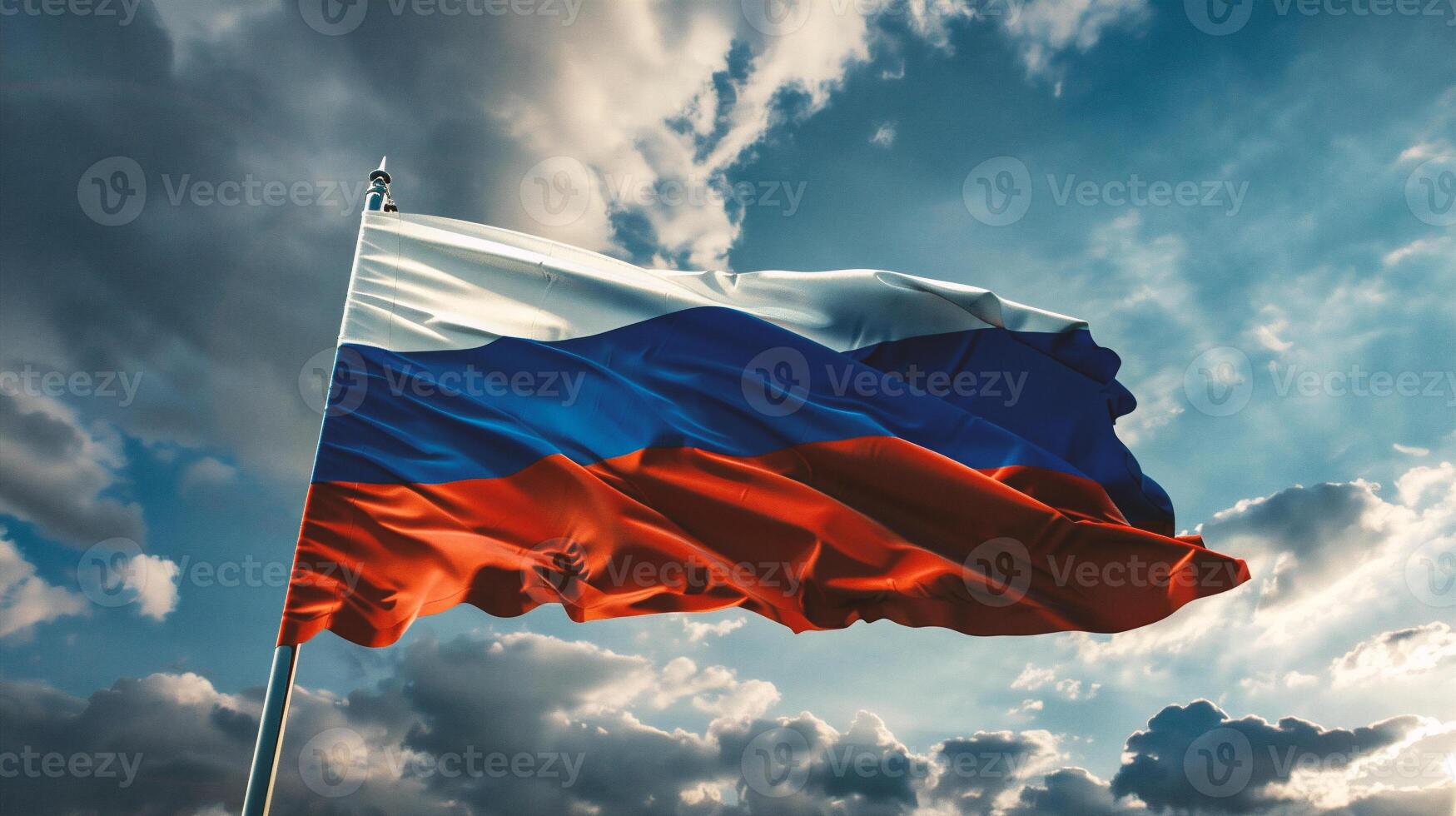 AI generated Russian flag waving in the wind against a blue sky with white clouds photo