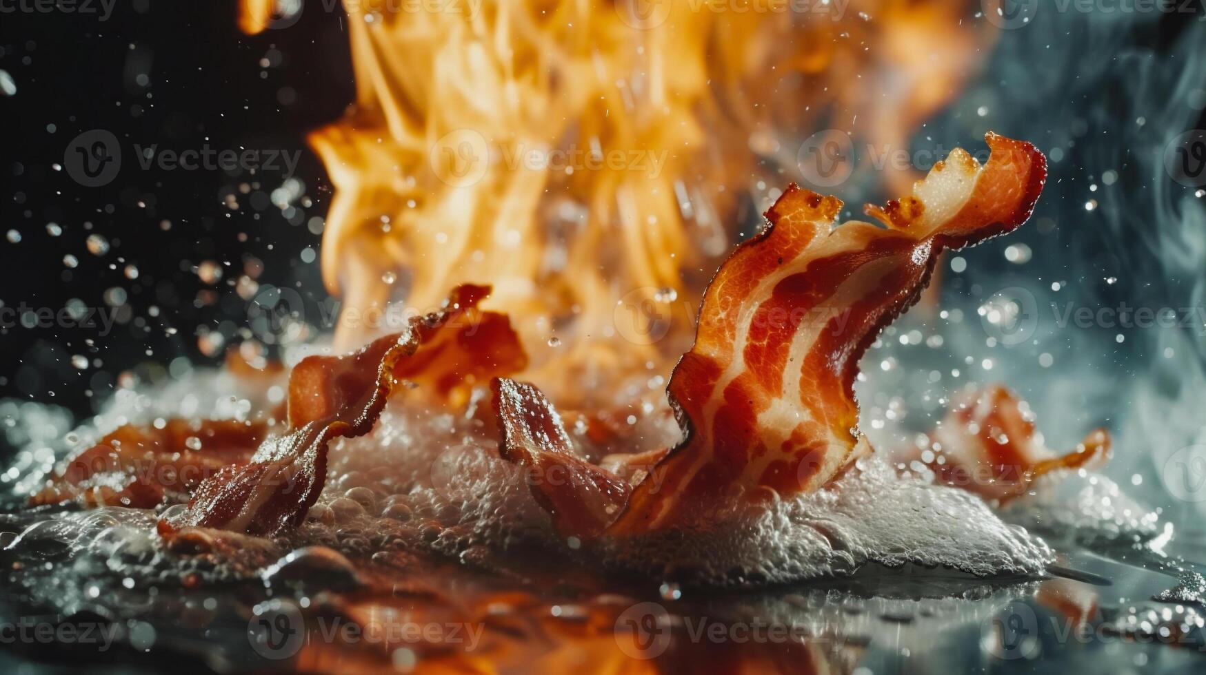 AI generated Close-up of bacon being grilled on a barbecue grill with smoke photo