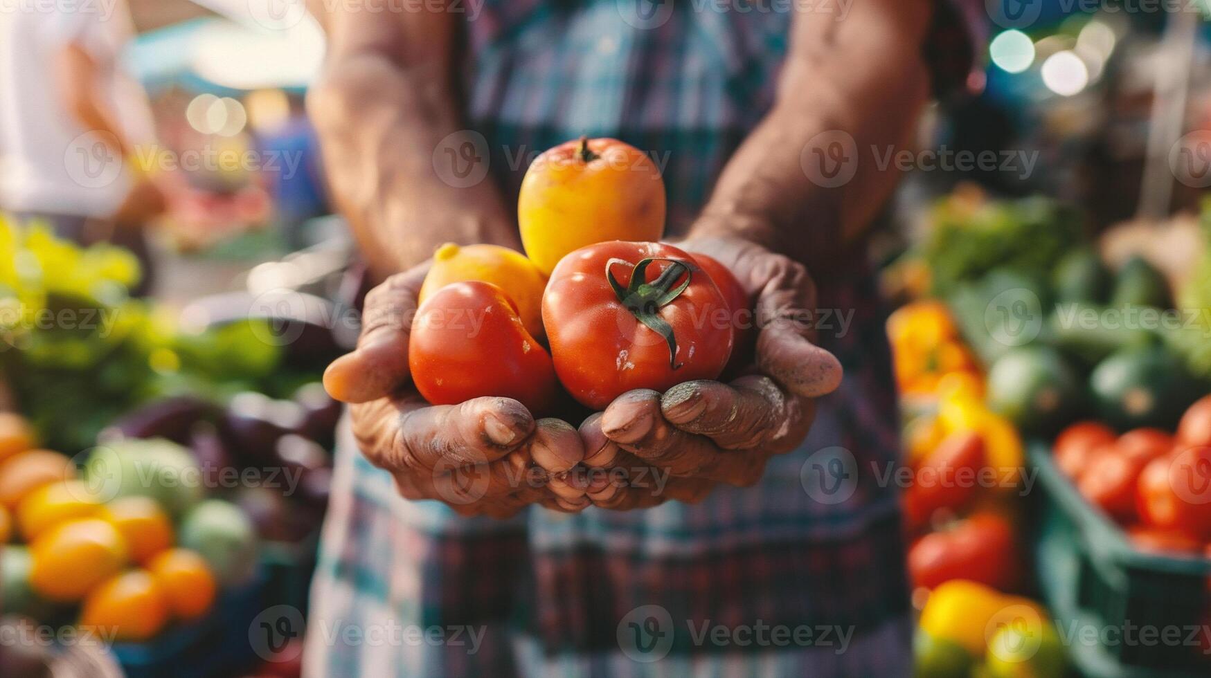 ai generado de cerca de manos de mayor hombre participación Fresco vegetales a agricultores mercado foto