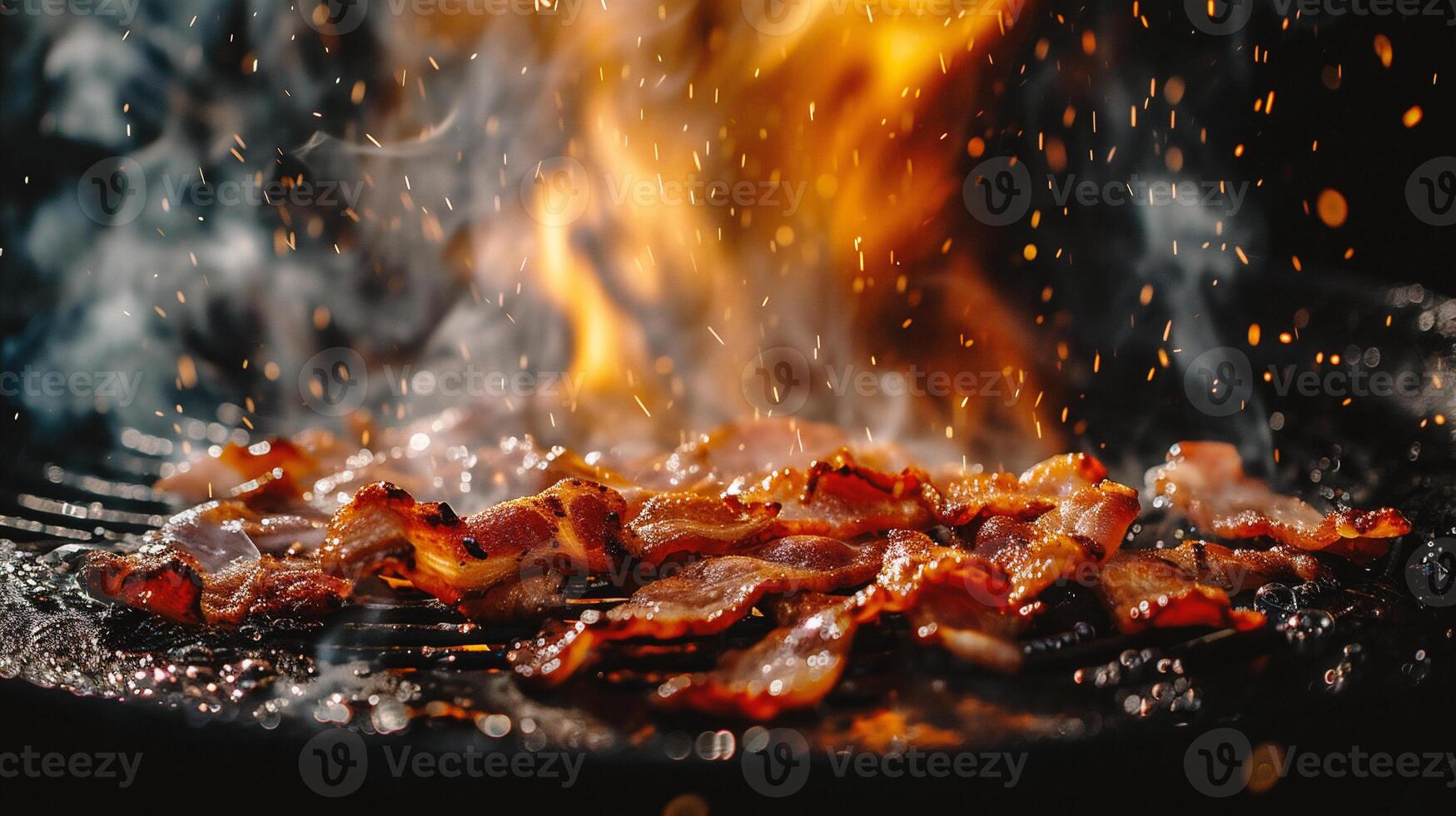 AI generated Close-up of bacon being grilled on a barbecue grill with smoke photo