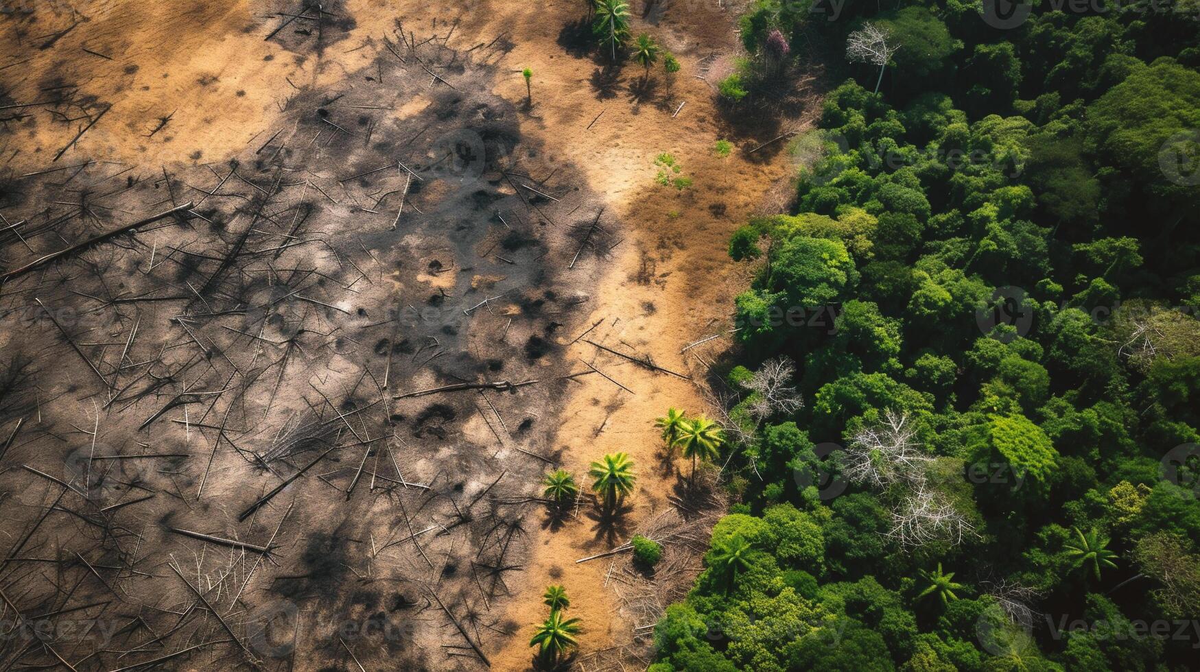 AI generated Aerial view of a forest fire in the middle of the forest photo