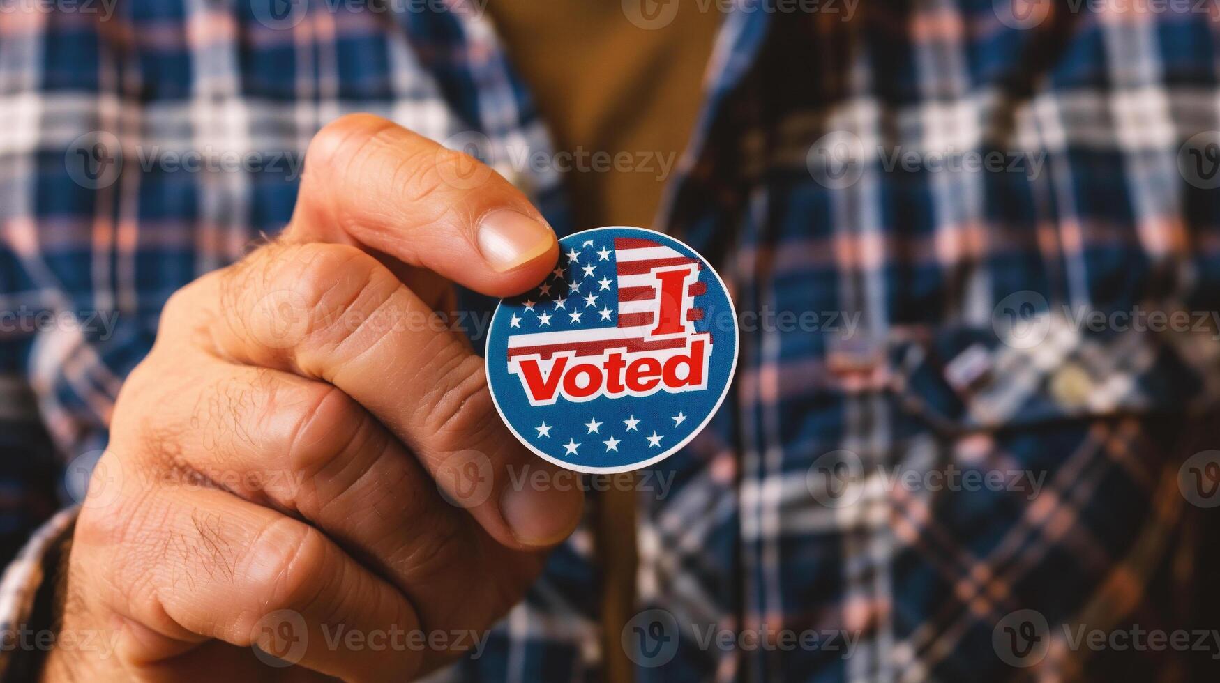 AI generated Close up of hand holding a voting badge with american flag photo