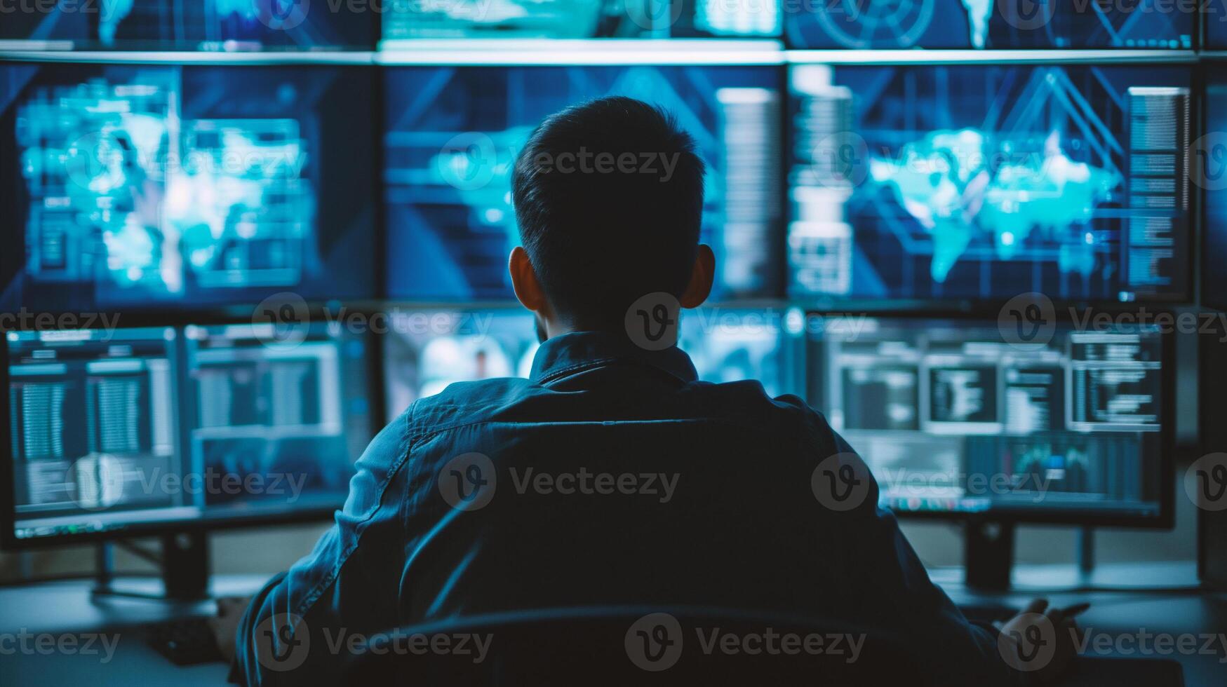 AI generated Security guard monitoring modern CCTV cameras in surveillance room. Man in surveillance room photo