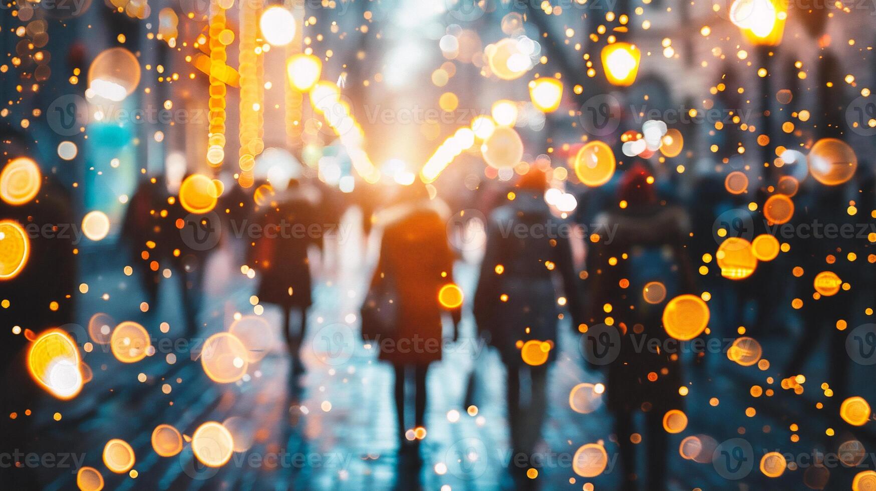 AI generated people walking in the city at night with bokeh lights photo