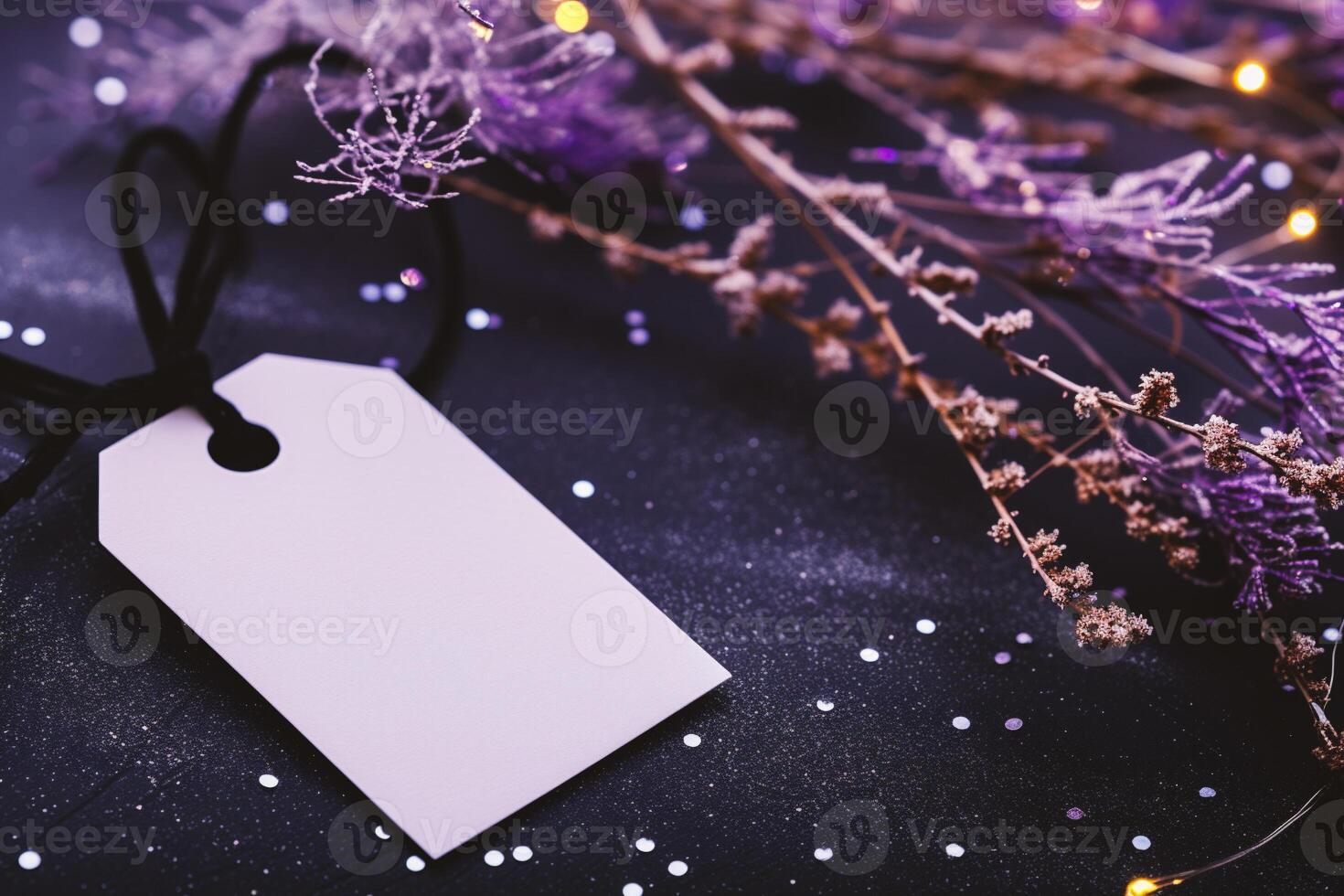 AI generated Blank tag on black background with bokeh lights and flowers photo