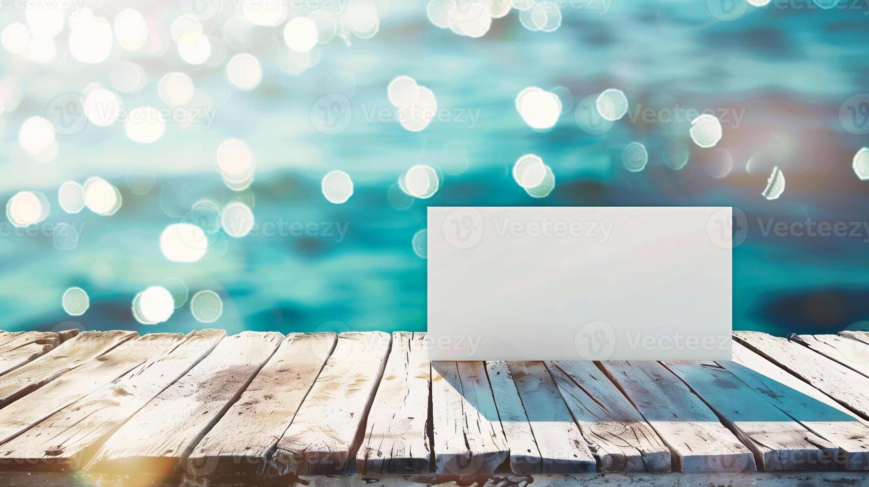 AI generated Blank business card on wooden table with sea and bokeh background photo